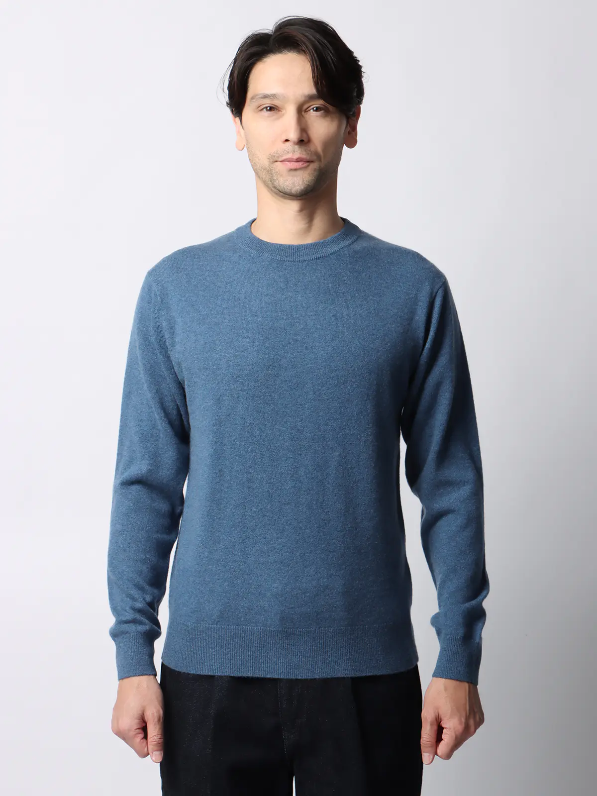 クルーネックニット/長袖/カシミヤ/無地 ブルー M