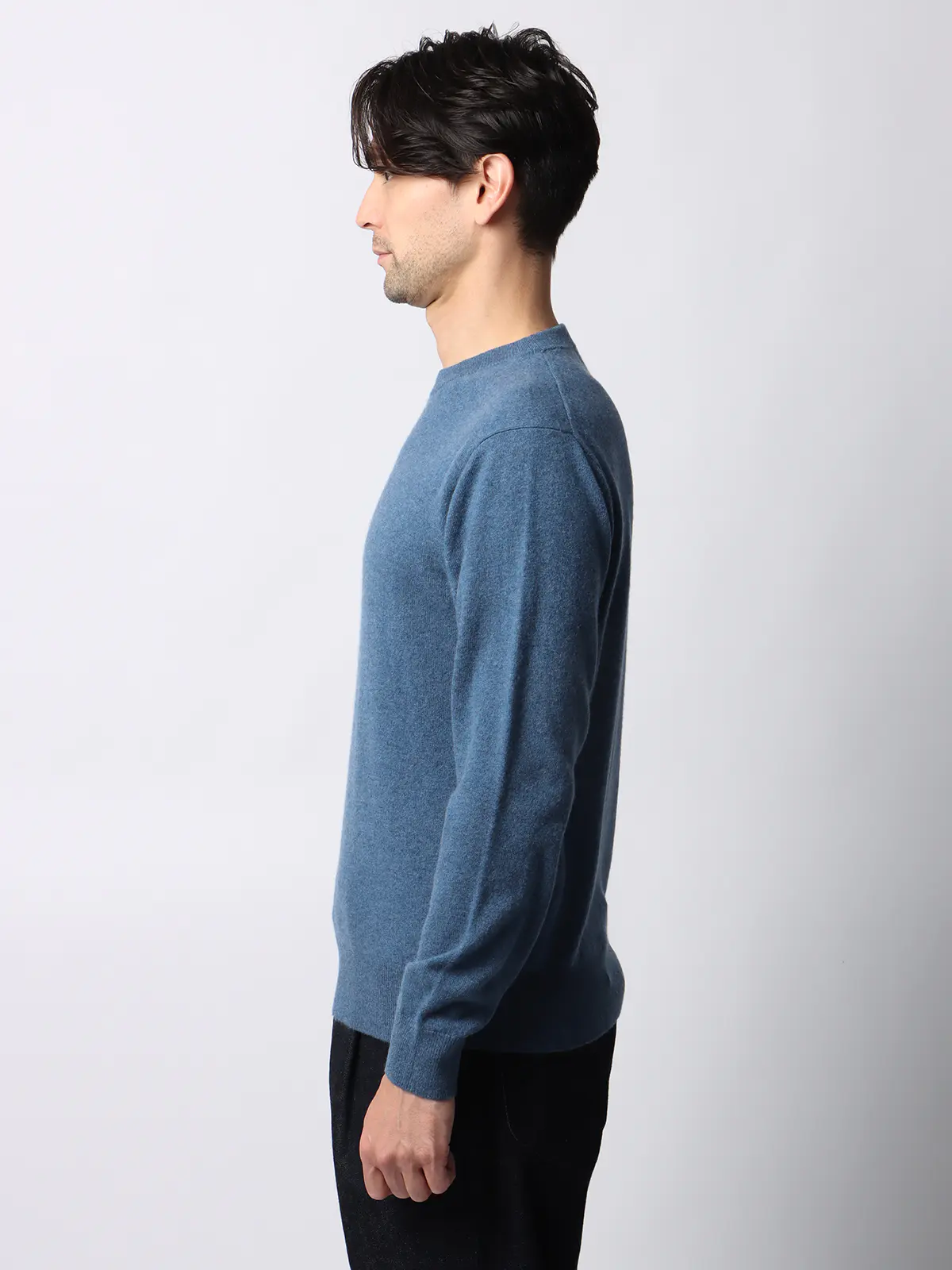 クルーネックニット/長袖/カシミヤ/無地 ブルー M