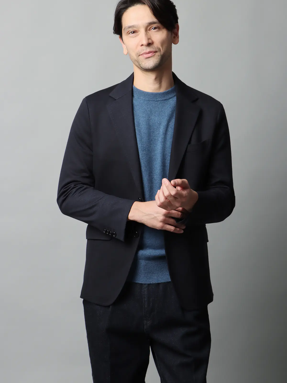 クルーネックニット/長袖/カシミヤ/無地 ブルー M