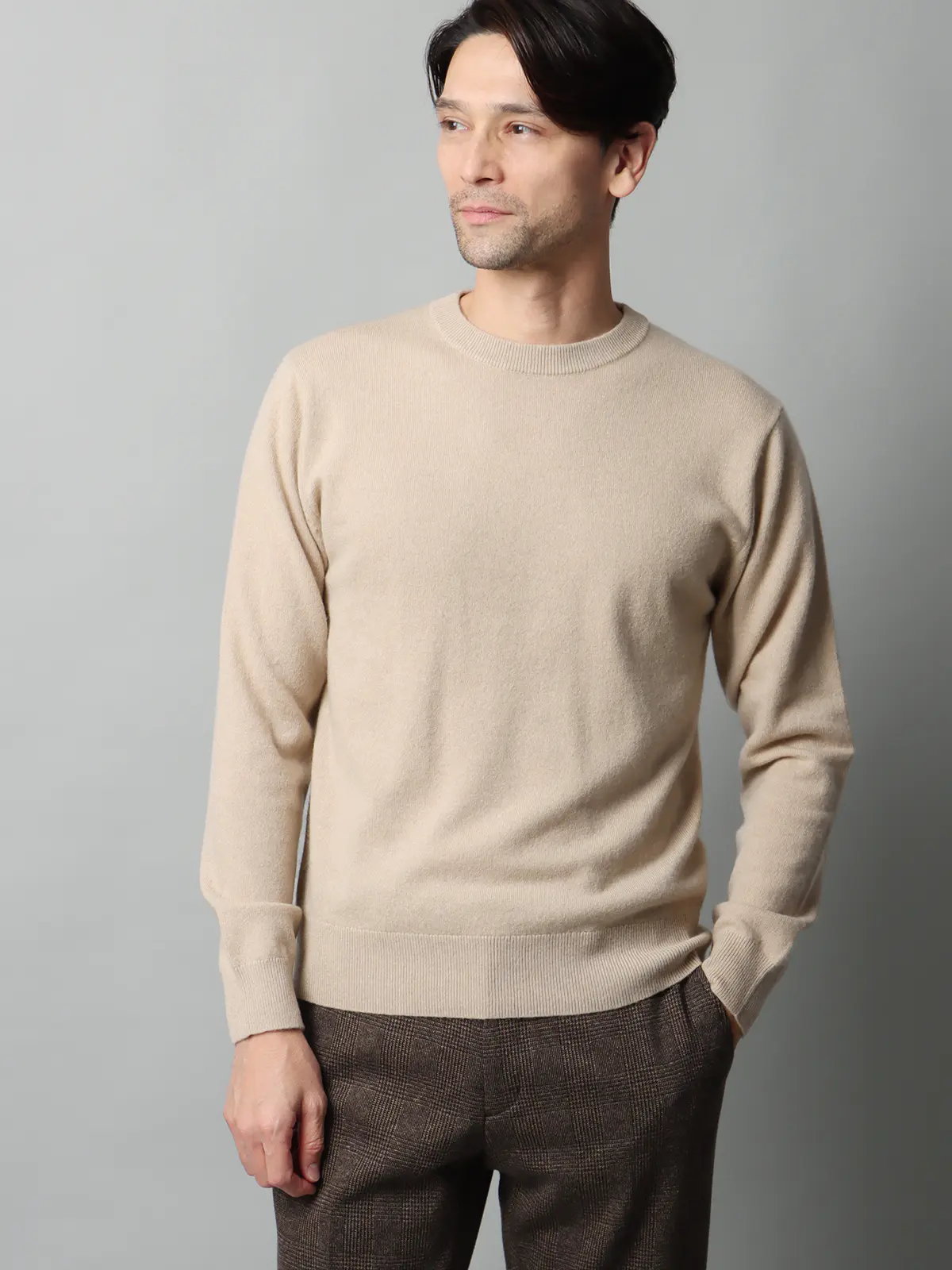 クルーネックニット/長袖/カシミヤ/無地 ベージュ M