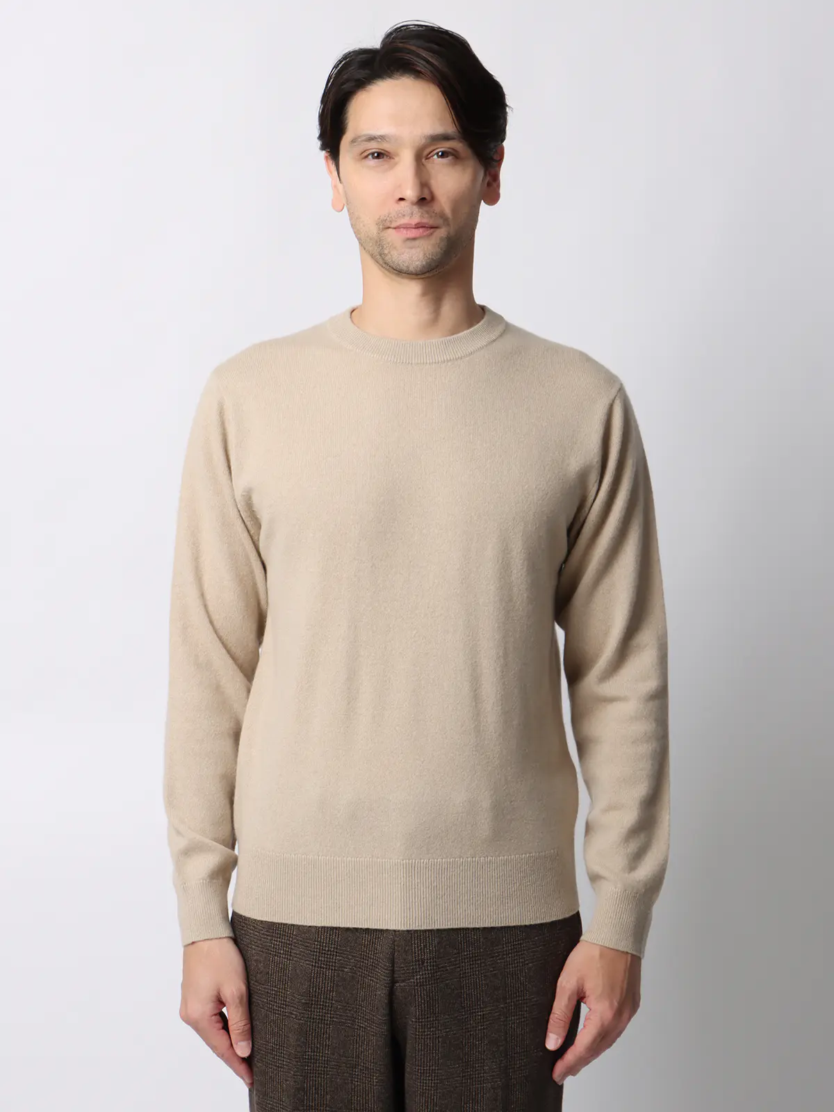 クルーネックニット/長袖/カシミヤ/無地 ベージュ M