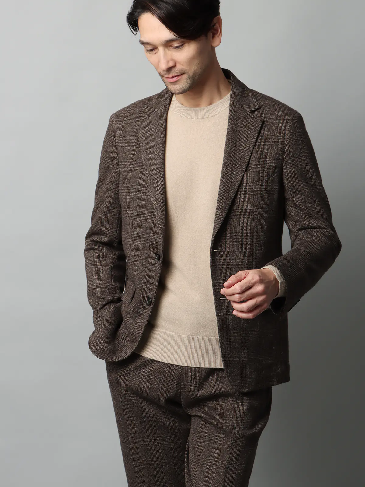 クルーネックニット/長袖/カシミヤ/無地 ベージュ M