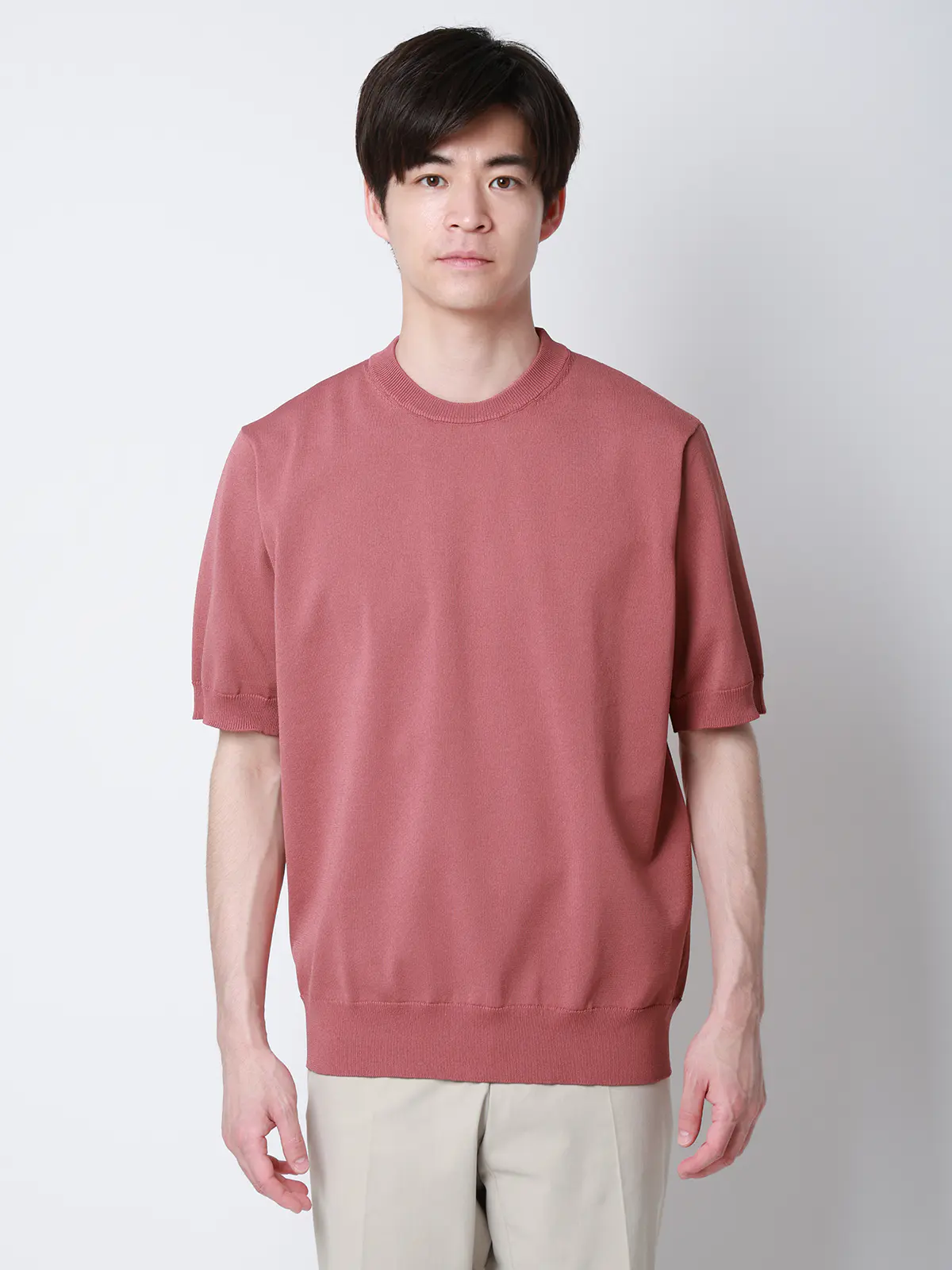 冷たいオフィT/Tシャツ/半袖/ウォッシャブル/接触冷感/リネンライクプレーティング天竺/無地 ピンク S