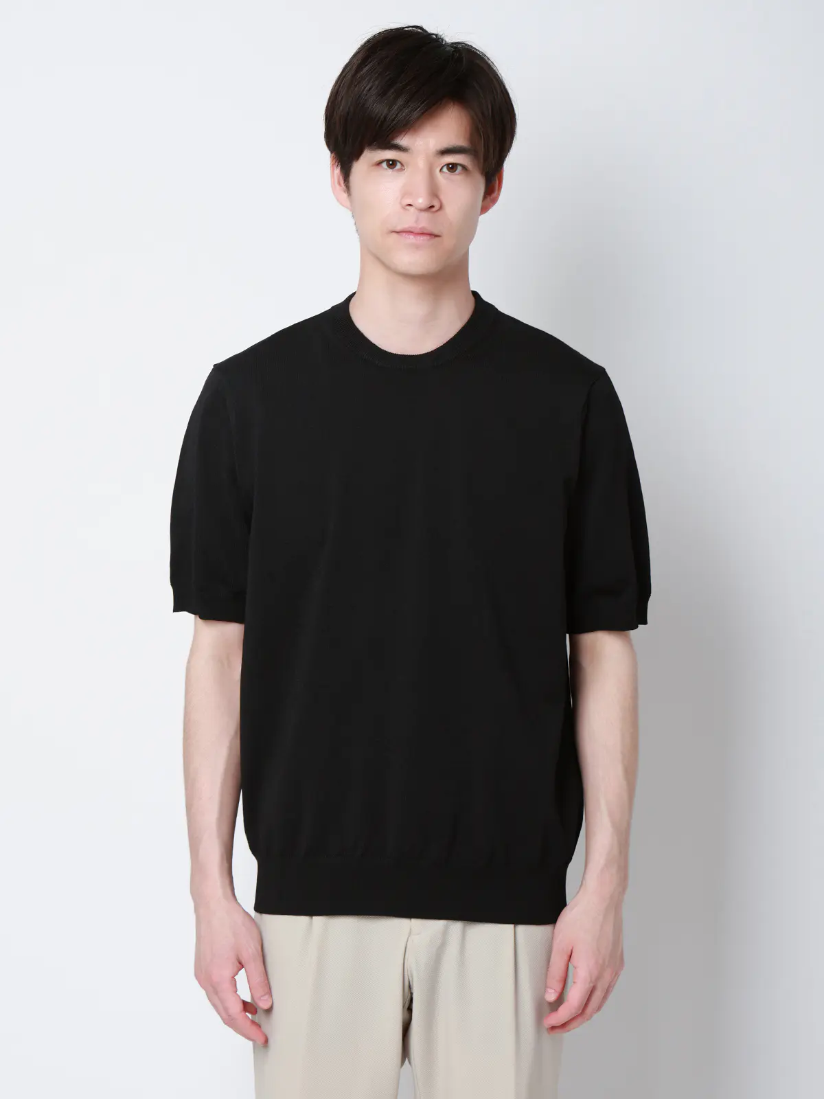 冷たいオフィT/Tシャツ/半袖/ウォッシャブル/接触冷感/リネンライクプレーティング天竺/無地 ブラック S