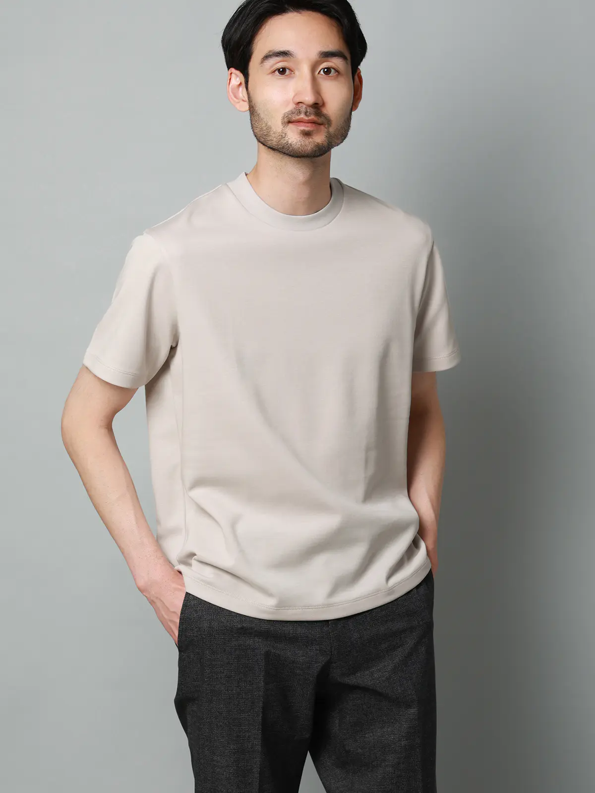 Tシャツ/半袖/ウォッシャブル/吸水速乾/UVカット/プレーティング天竺/無地 ライトグレー M