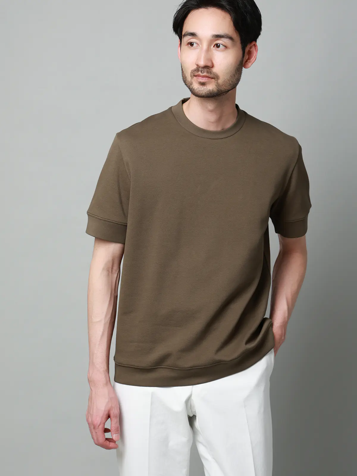 Tシャツ／半袖／ウォッシャブル／吸水速乾／UVカット／プレーティング鹿の子／無地 ブラウン S