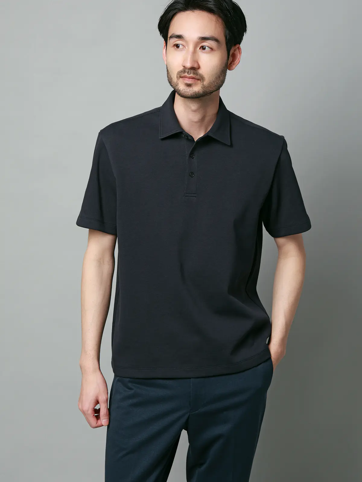 ポロシャツ／半袖／ウォッシャブル／吸水速乾／UVカット／プレーティング鹿の子／無地 ネイビー S