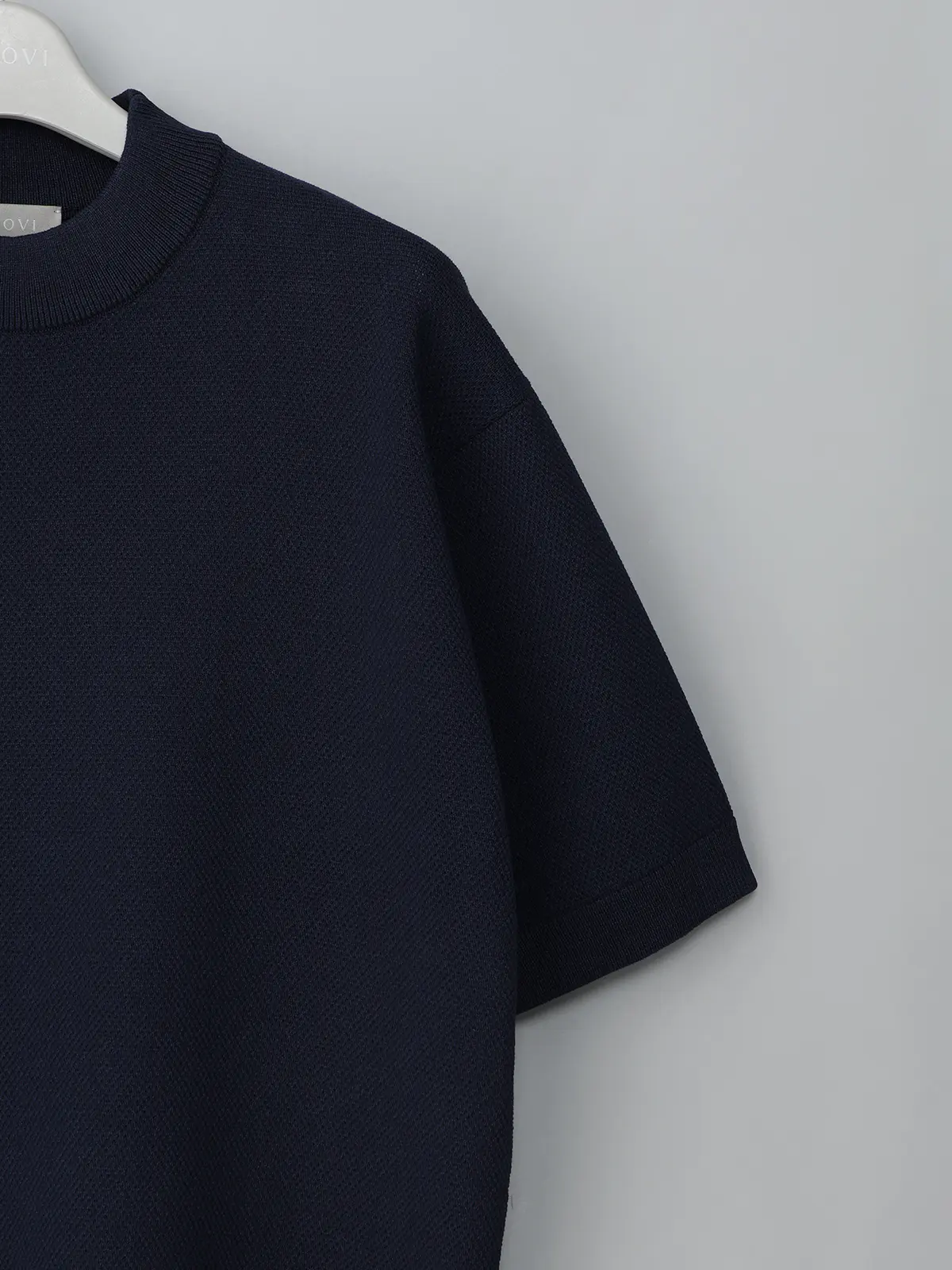GOOVI／モックネックニット／半袖／ウォッシャブル／和紙ブレンドプレーティング／無地 ネイビー 1