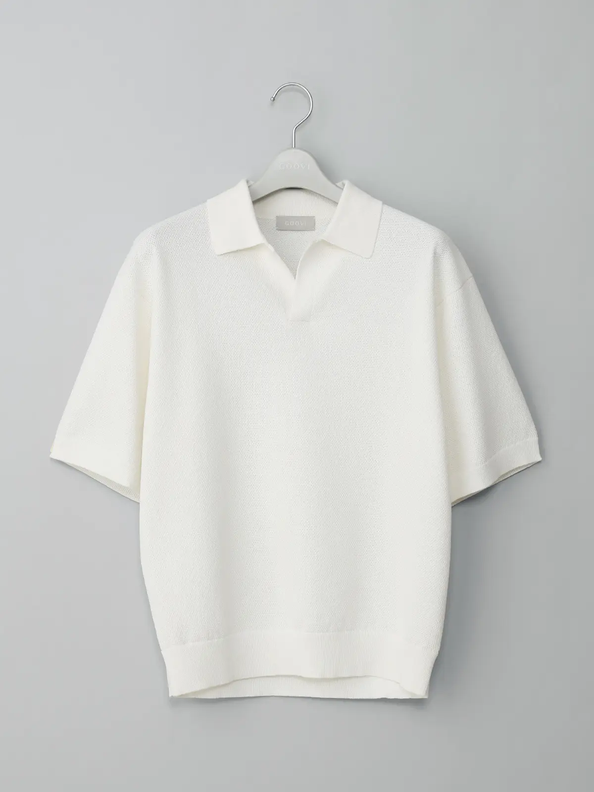 GOOVI／スキッパーポロニット／半袖／ウォッシャブル／和紙ブレンドプレーティング／無地 ホワイト 1