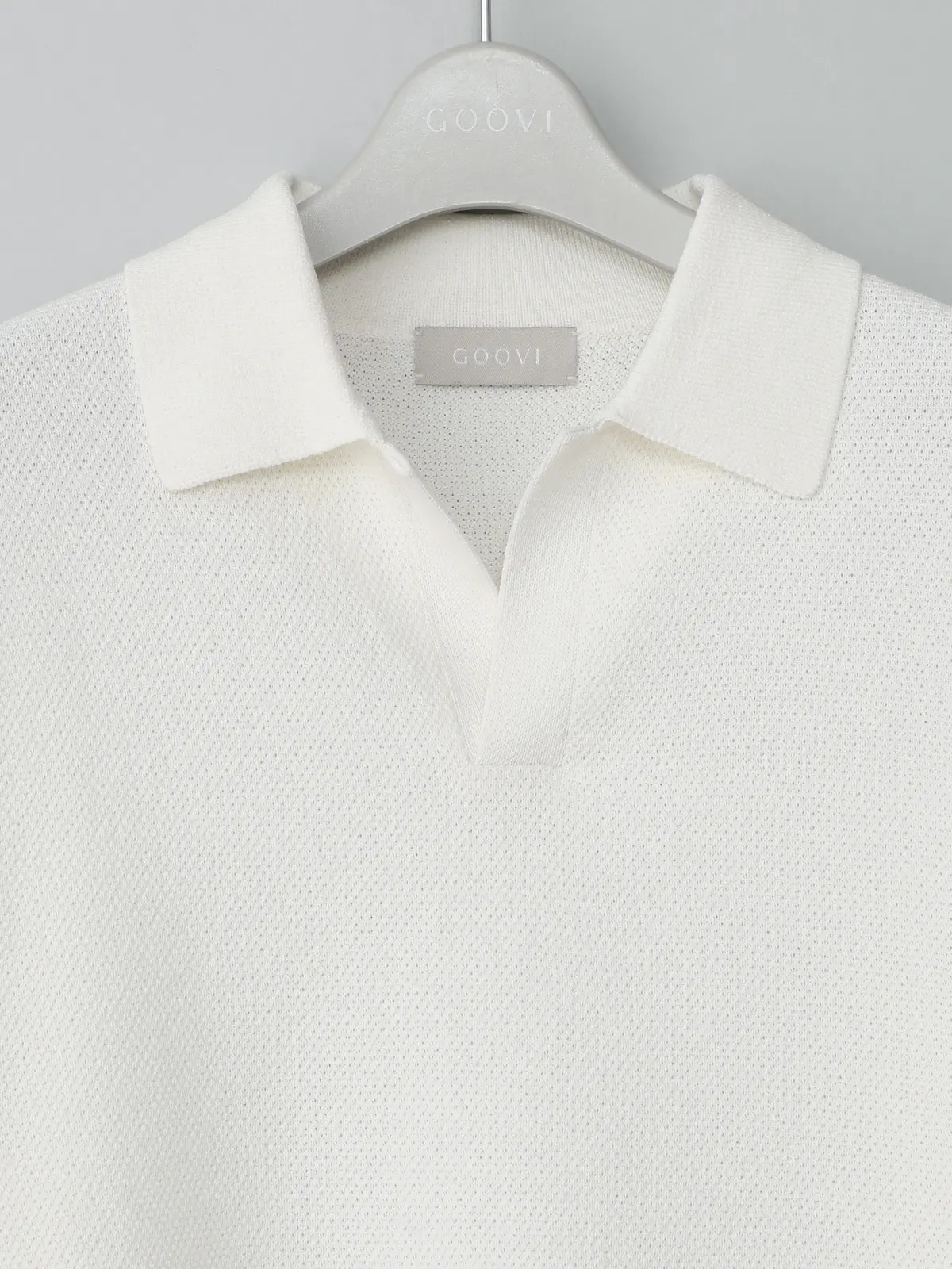 GOOVI／スキッパーポロニット／半袖／ウォッシャブル／和紙ブレンドプレーティング／無地 ホワイト 1