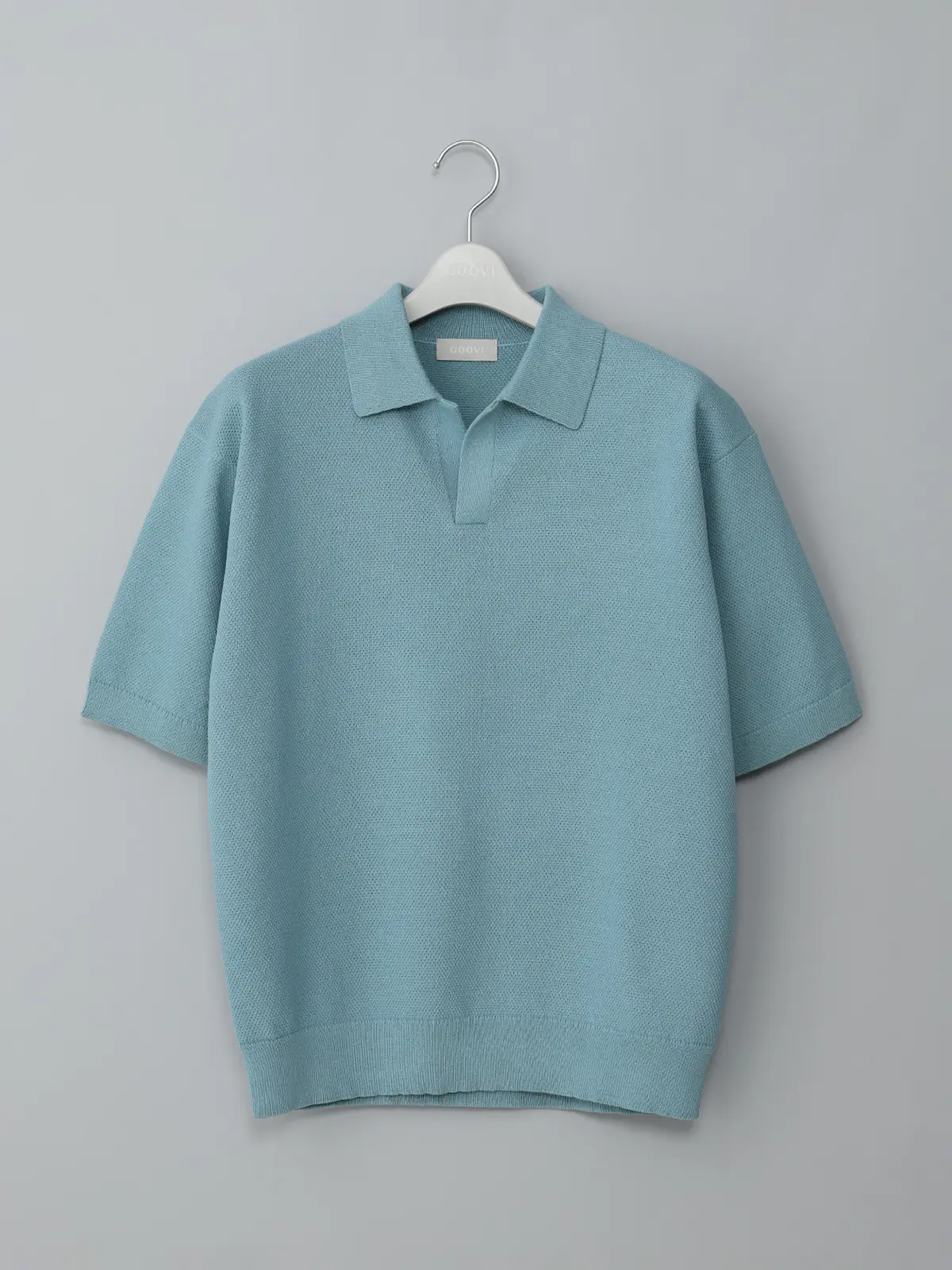 GOOVI／スキッパーポロニット／半袖／ウォッシャブル／和紙ブレンドプレーティング／無地 ブルー 1
