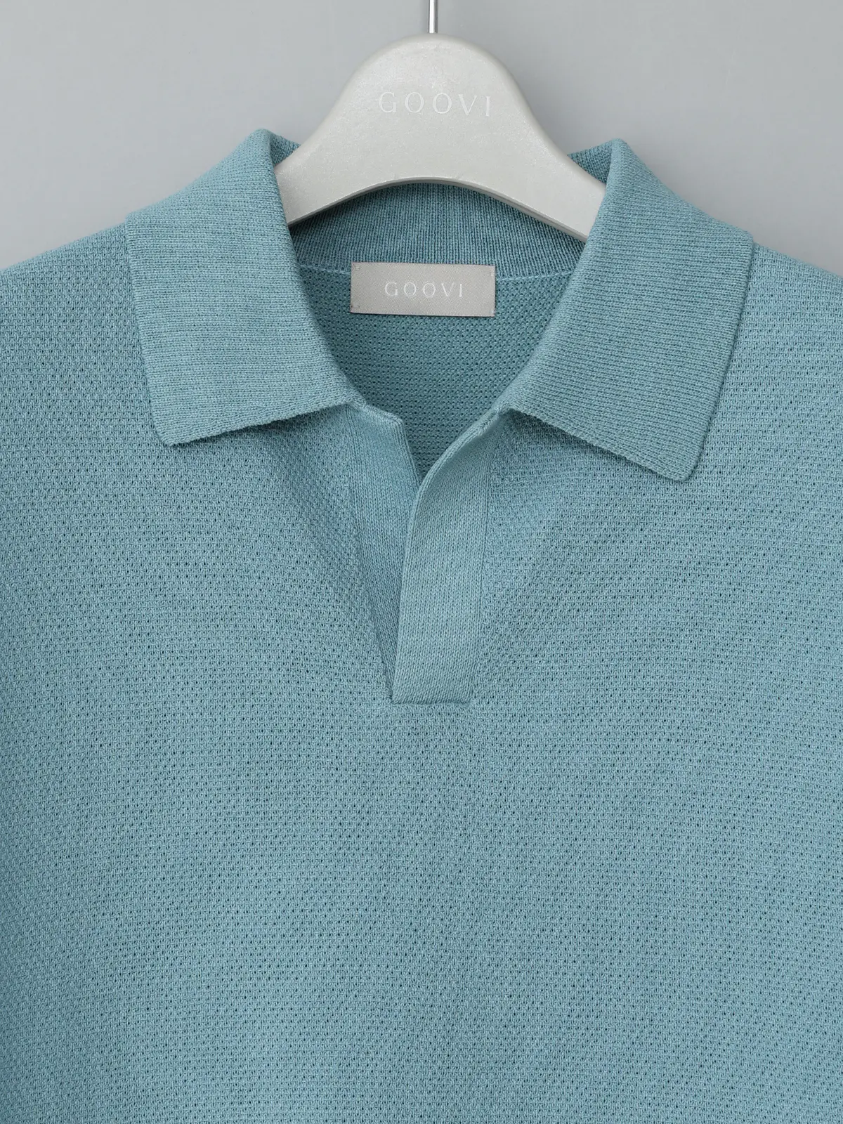 GOOVI／スキッパーポロニット／半袖／ウォッシャブル／和紙ブレンドプレーティング／無地 ブルー 1