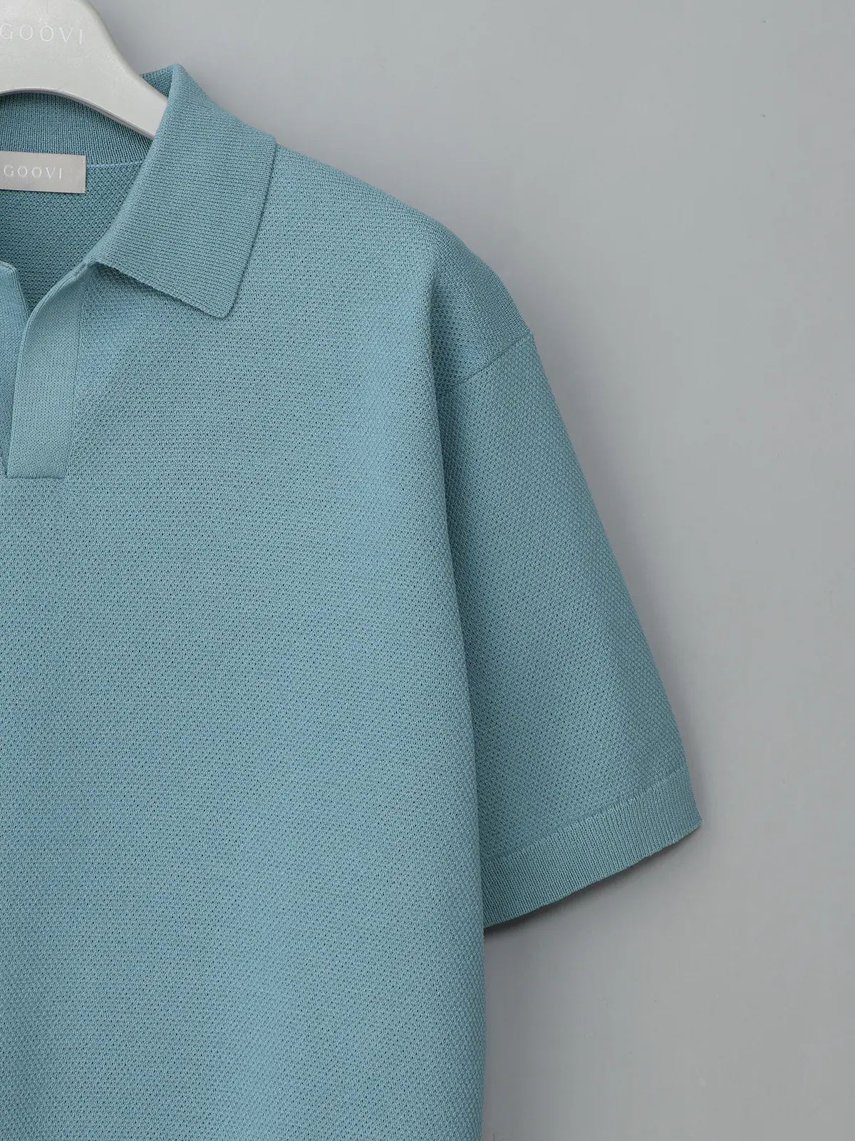 GOOVI／スキッパーポロニット／半袖／ウォッシャブル／和紙ブレンドプレーティング／無地 ブルー 1