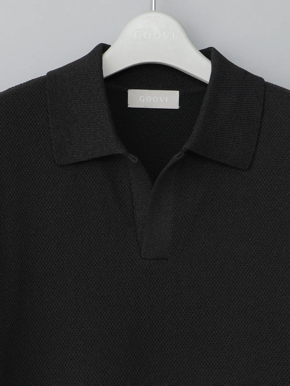 GOOVI／スキッパーポロニット／半袖／ウォッシャブル／和紙ブレンドプレーティング／無地 ブラック 1