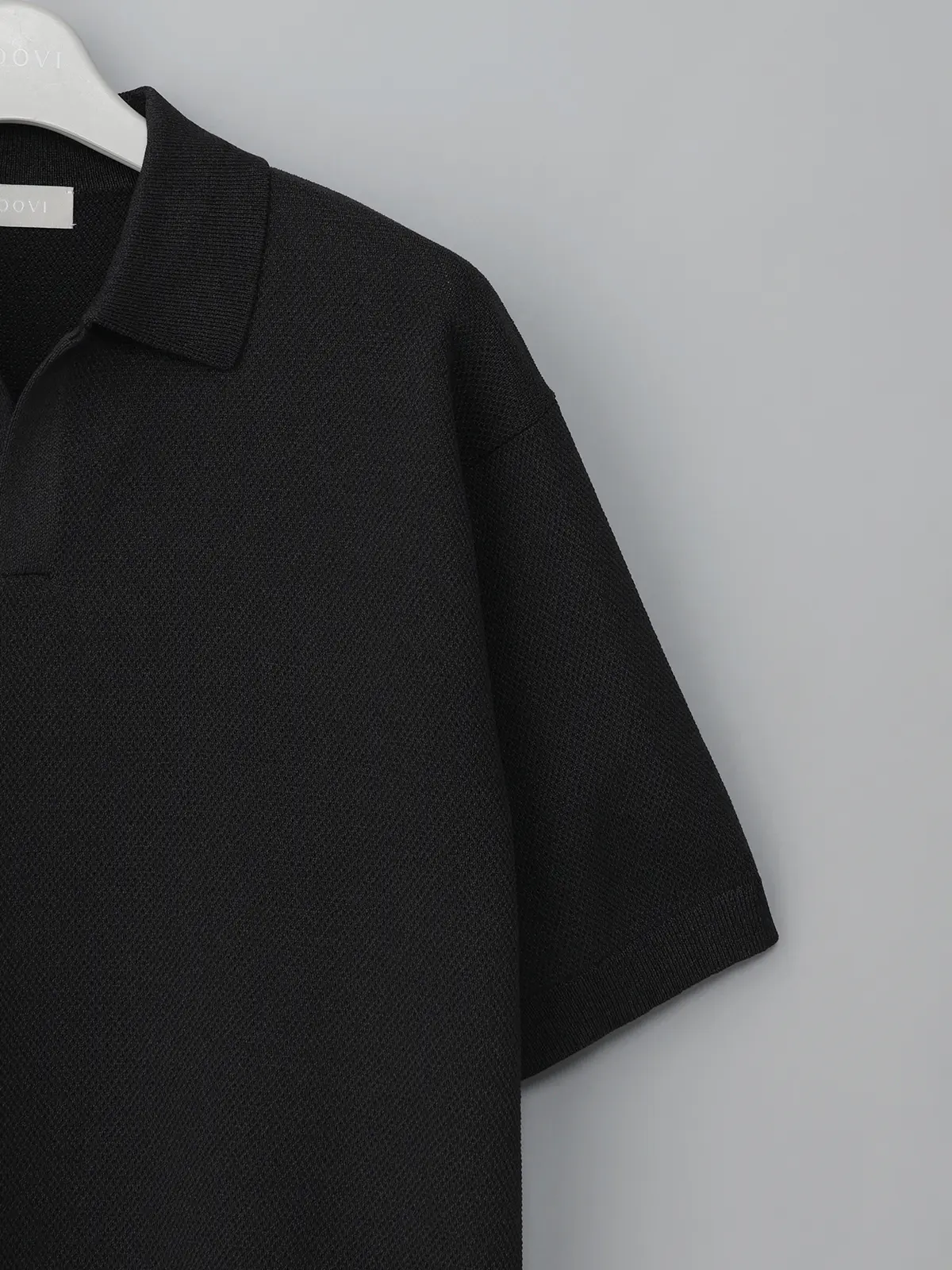 GOOVI／スキッパーポロニット／半袖／ウォッシャブル／和紙ブレンドプレーティング／無地 ブラック 1