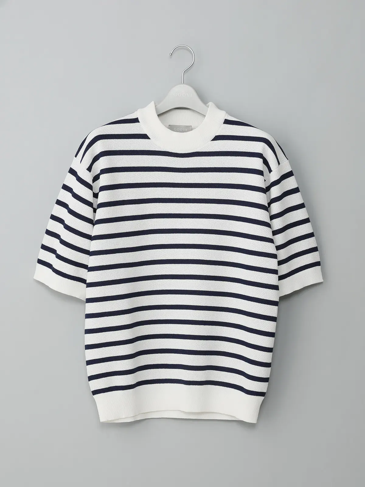GOOVI／モックネックニット／半袖／ウォッシャブル／和紙ブレンドプレーティング／ボーダー ホワイト 1