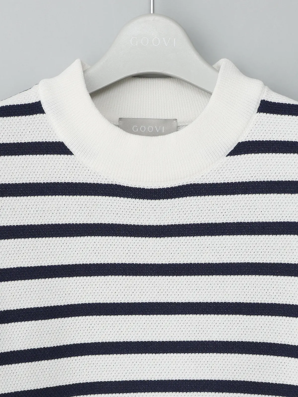 GOOVI／モックネックニット／半袖／ウォッシャブル／和紙ブレンドプレーティング／ボーダー ホワイト 1