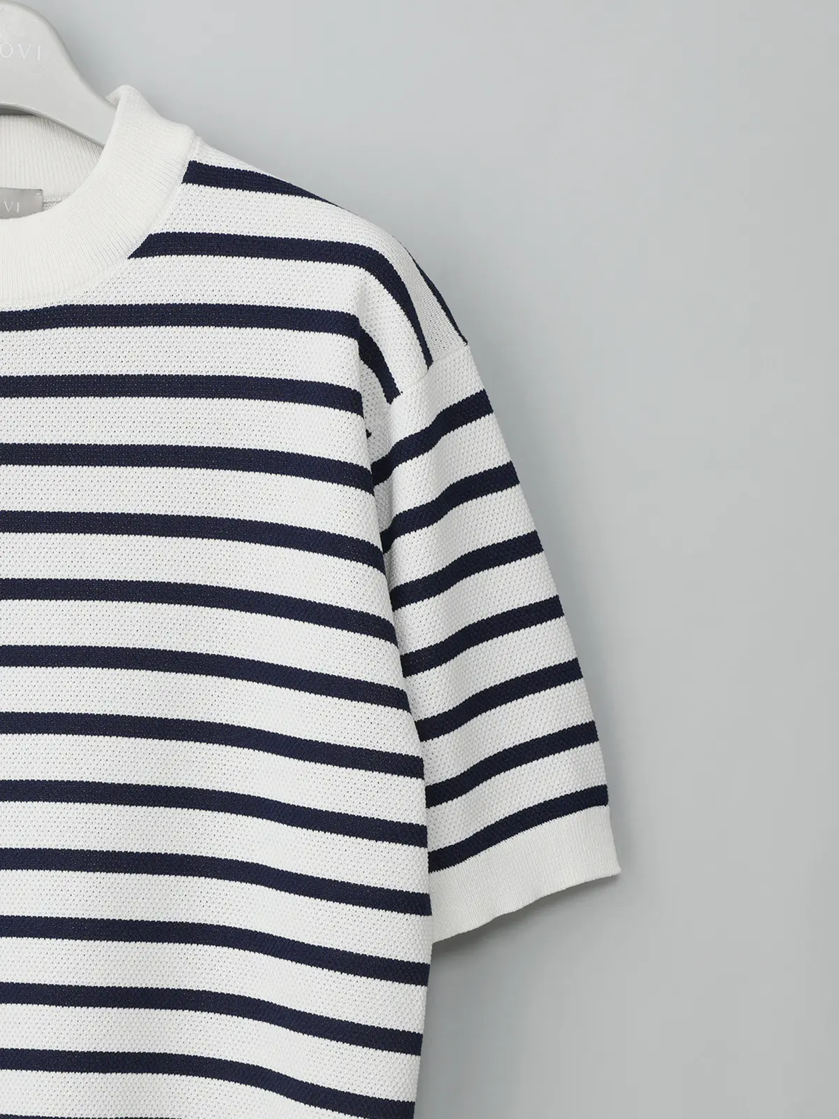 GOOVI／モックネックニット／半袖／ウォッシャブル／和紙ブレンドプレーティング／ボーダー ホワイト 1