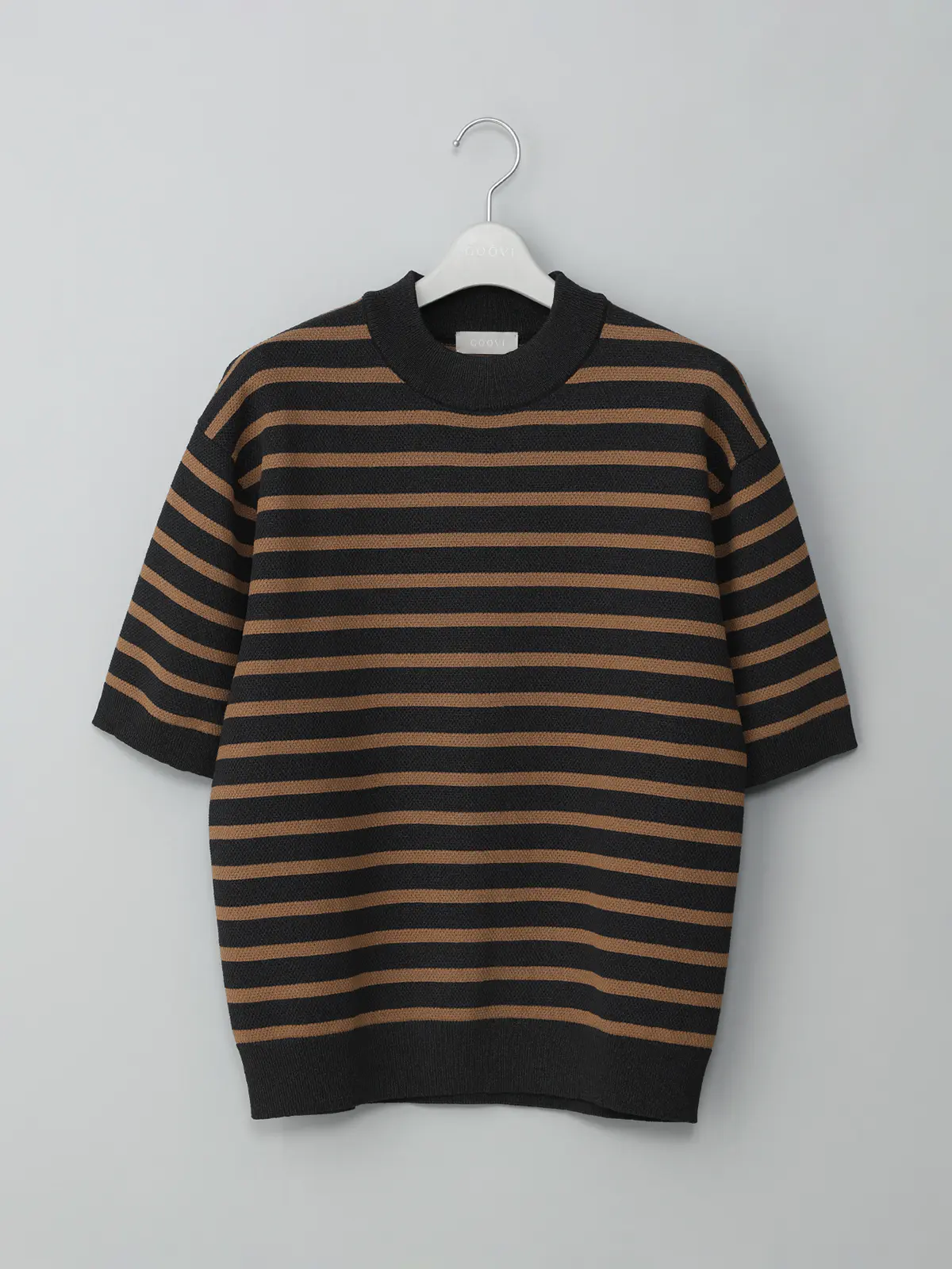 GOOVI／モックネックニット／半袖／ウォッシャブル／和紙ブレンドプレーティング／ボーダー ブラック 1