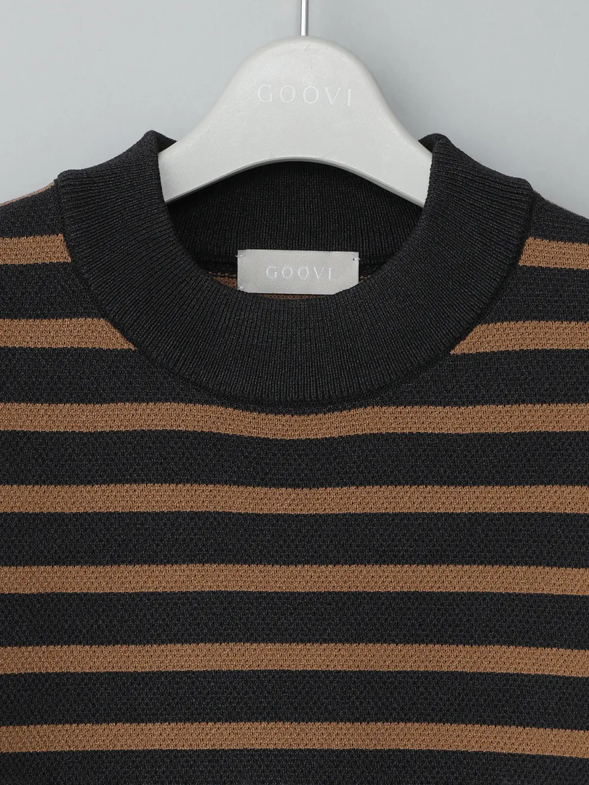 GOOVI／モックネックニット／半袖／ウォッシャブル／和紙ブレンドプレーティング／ボーダー ブラック 1