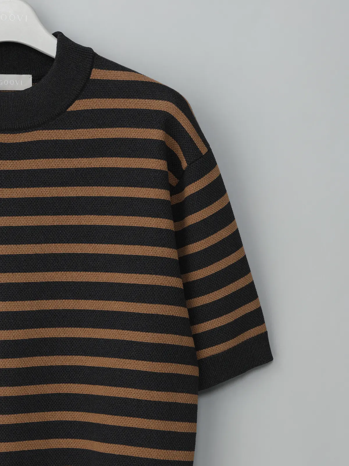 GOOVI／モックネックニット／半袖／ウォッシャブル／和紙ブレンドプレーティング／ボーダー ブラック 1