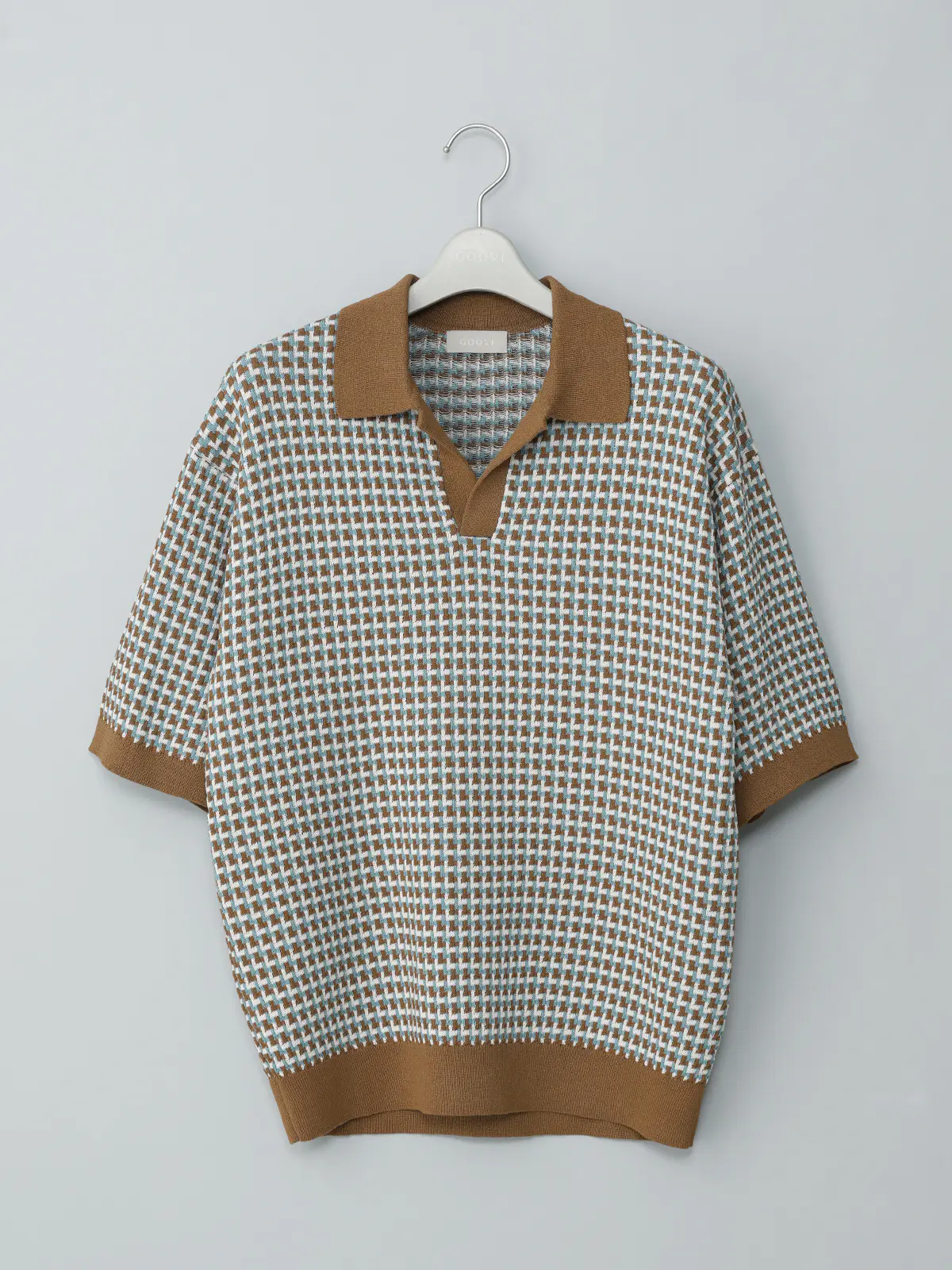 GOOVI／スキッパーポロニット／半袖／ウォッシャブル／和紙ブレンドプレーティング／ジオメトリック ベージュ 1