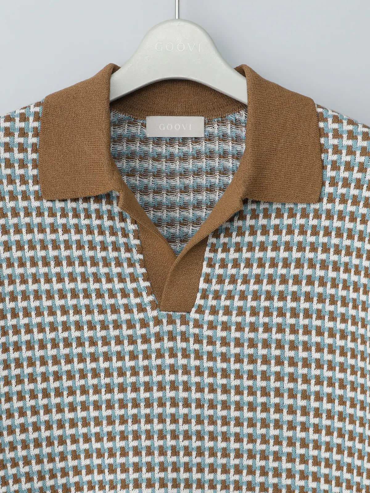 GOOVI／スキッパーポロニット／半袖／ウォッシャブル／和紙ブレンドプレーティング／ジオメトリック ベージュ 1