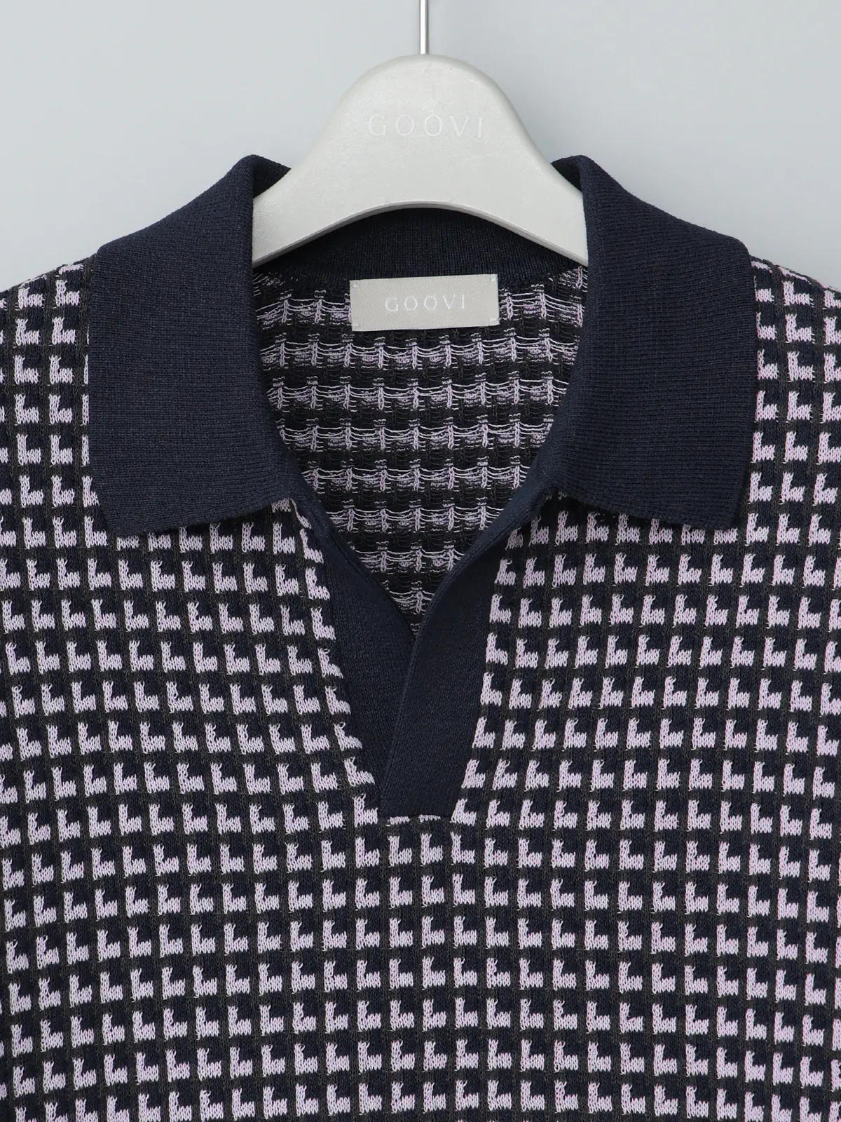 GOOVI／スキッパーポロニット／半袖／ウォッシャブル／和紙ブレンドプレーティング／ジオメトリック ネイビー 1