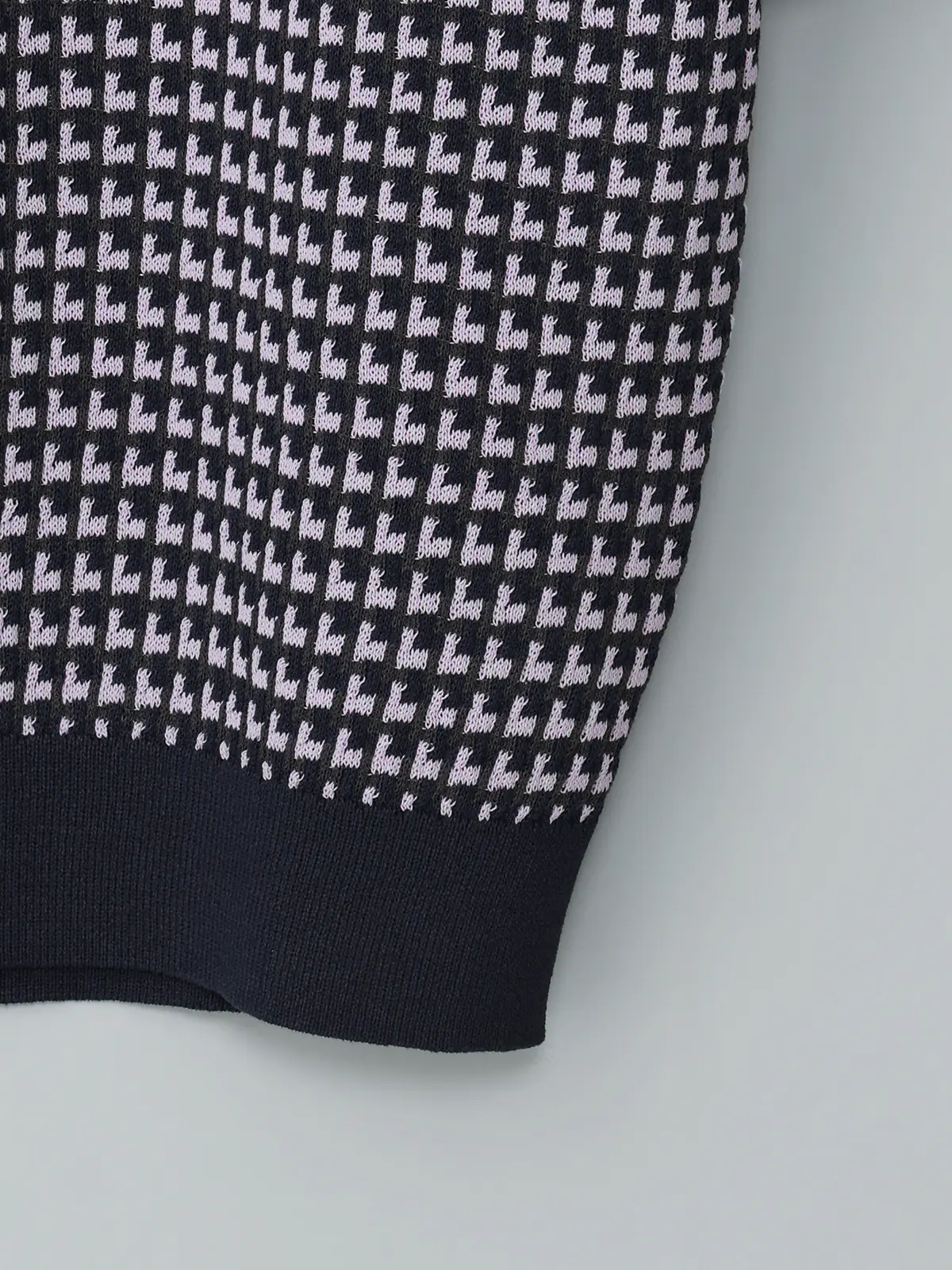 GOOVI／スキッパーポロニット／半袖／ウォッシャブル／和紙ブレンドプレーティング／ジオメトリック ネイビー 1