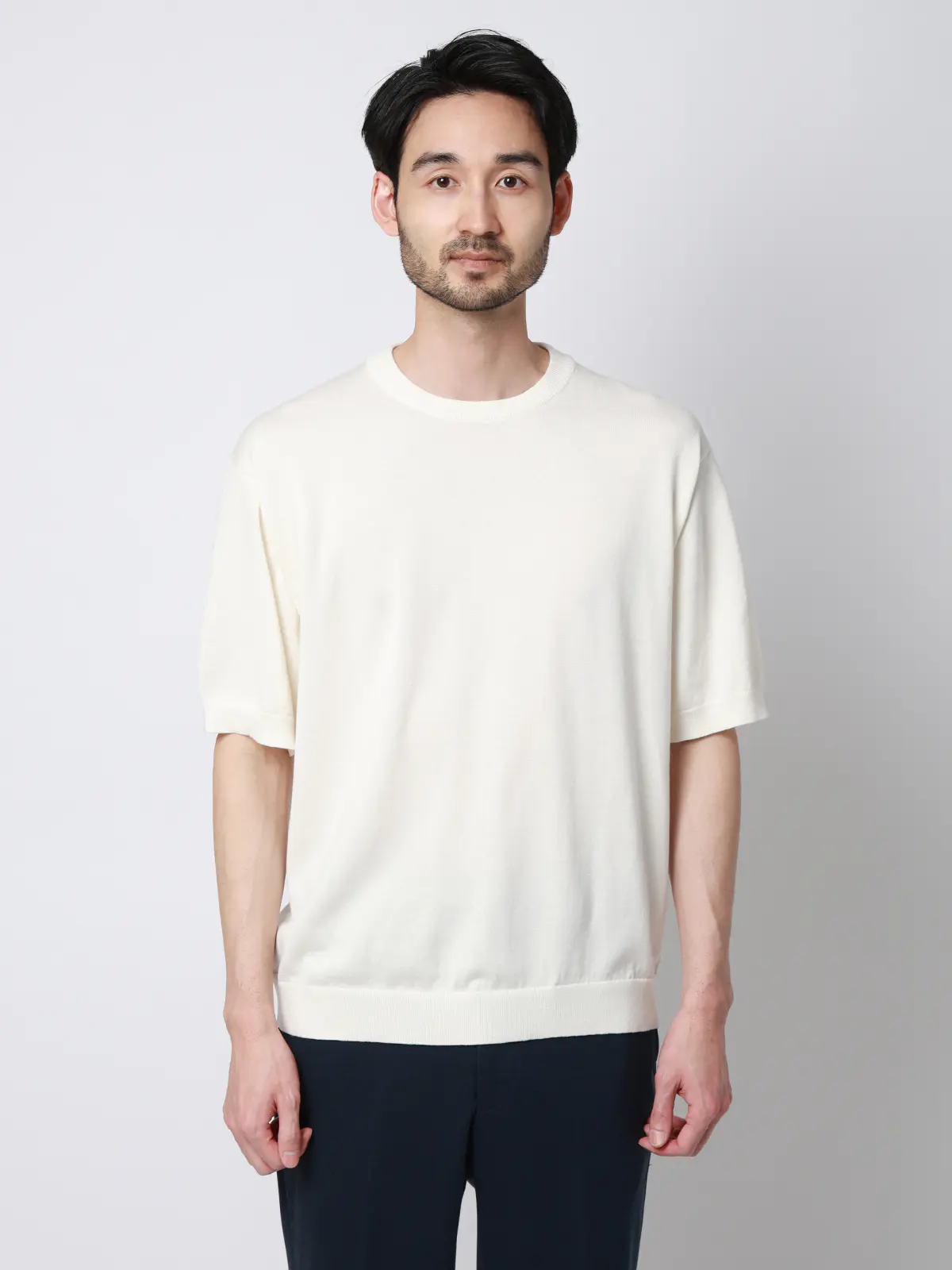 クルーネックニット/半袖/ウォッシャブル/強撚コットンアクリル天竺/無地 ホワイト S