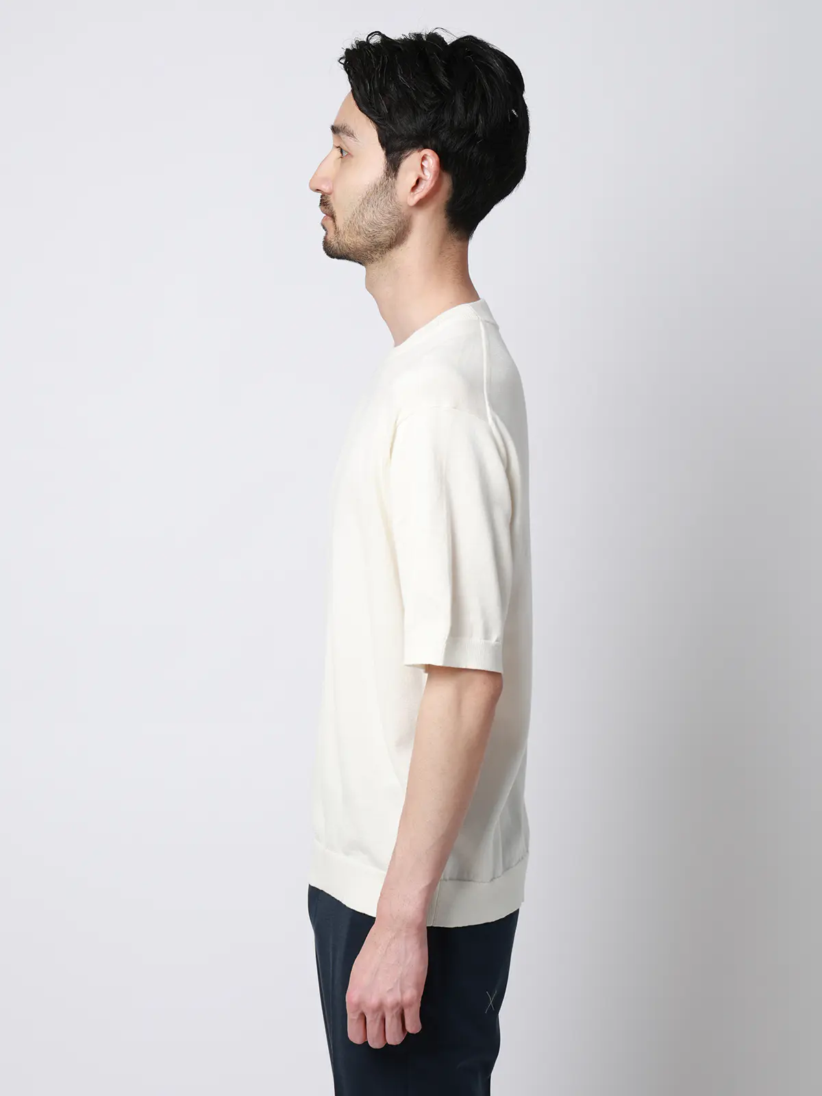 クルーネックニット/半袖/ウォッシャブル/強撚コットンアクリル天竺/無地 ホワイト S