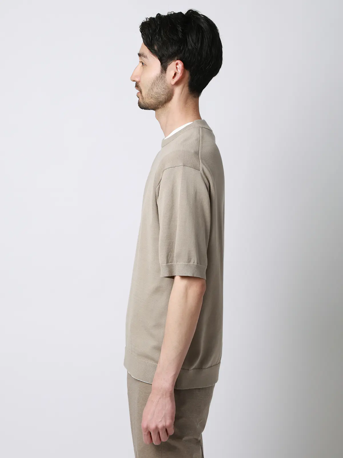 クルーネックニット／半袖／ウォッシャブル／強撚コットンアクリル天竺／無地 グレージュ S