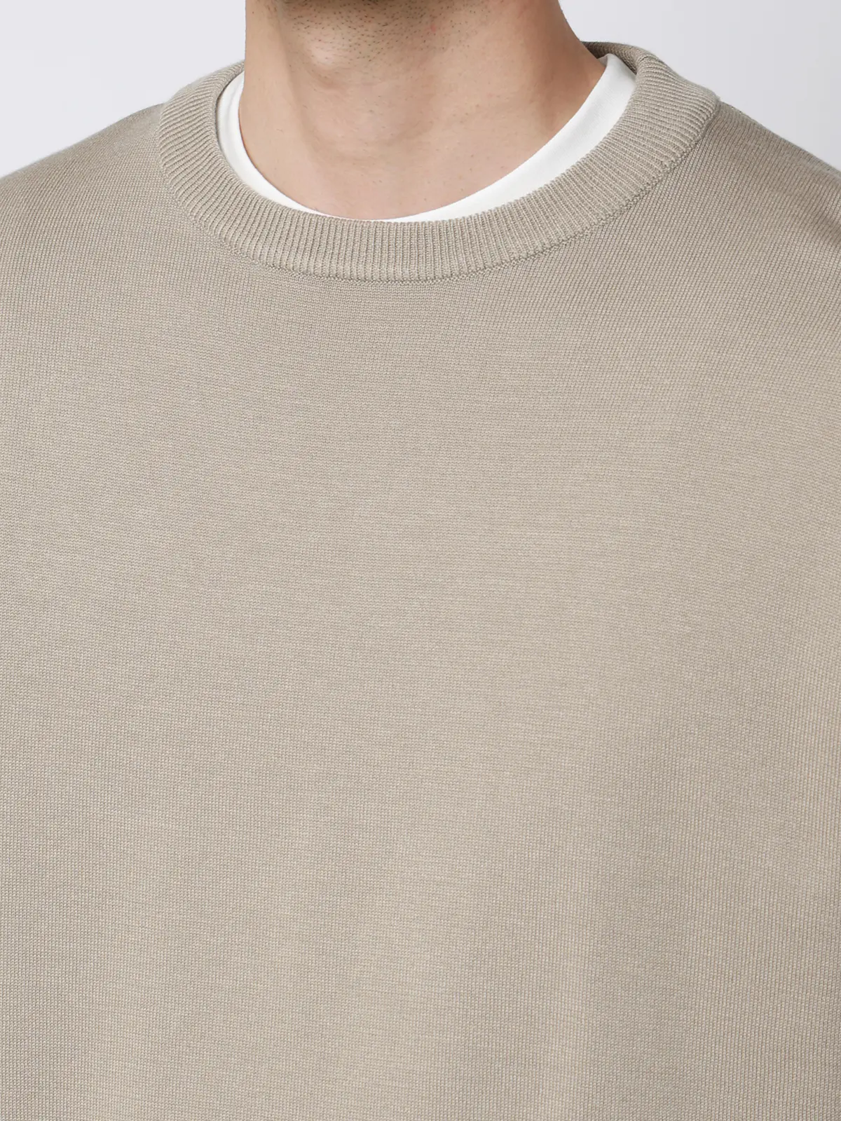 クルーネックニット／半袖／ウォッシャブル／強撚コットンアクリル天竺／無地 グレージュ S