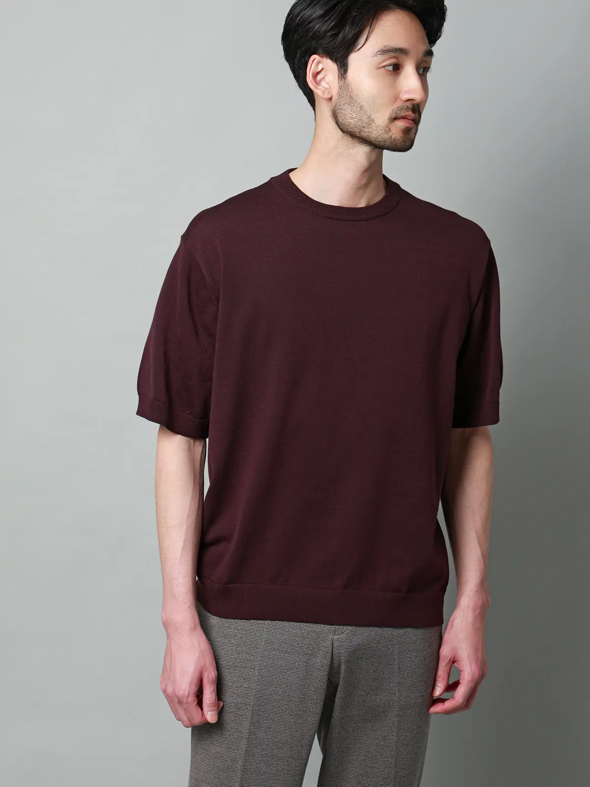 クルーネックニット／半袖／ウォッシャブル／強撚コットンアクリル天竺／無地 ブラウン S