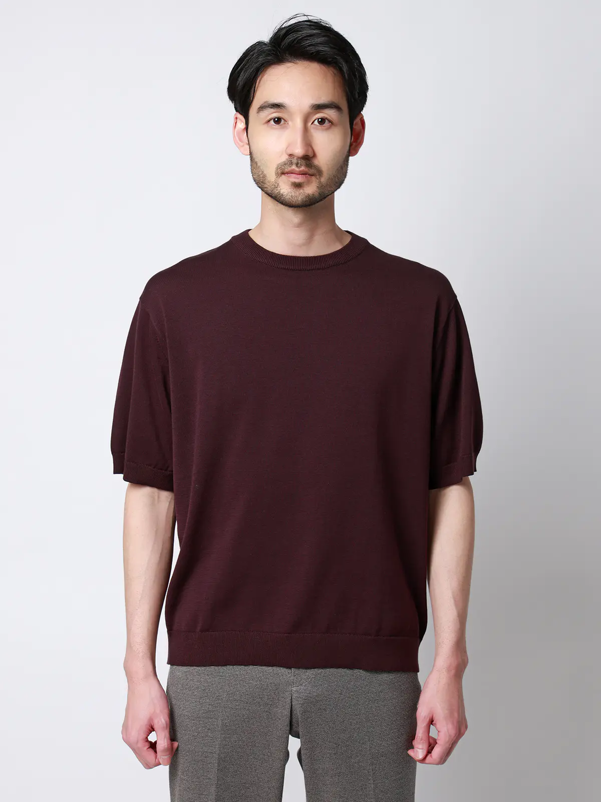 クルーネックニット／半袖／ウォッシャブル／強撚コットンアクリル天竺／無地 ブラウン S