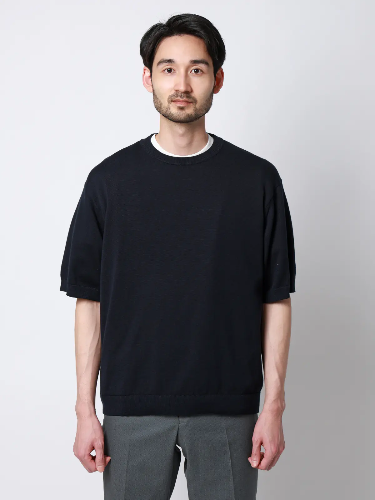 クルーネックニット／半袖／ウォッシャブル／強撚コットンアクリル天竺／無地 ネイビー S