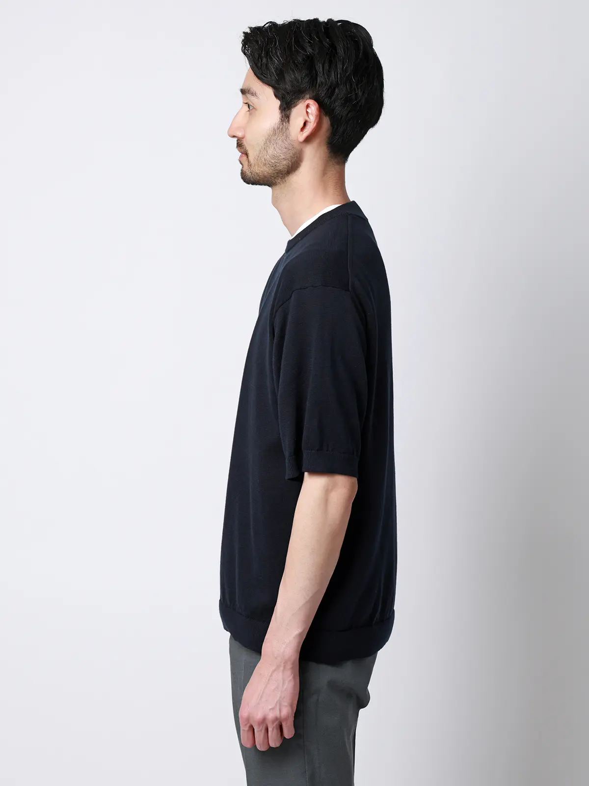 クルーネックニット／半袖／ウォッシャブル／強撚コットンアクリル天竺／無地 ネイビー S