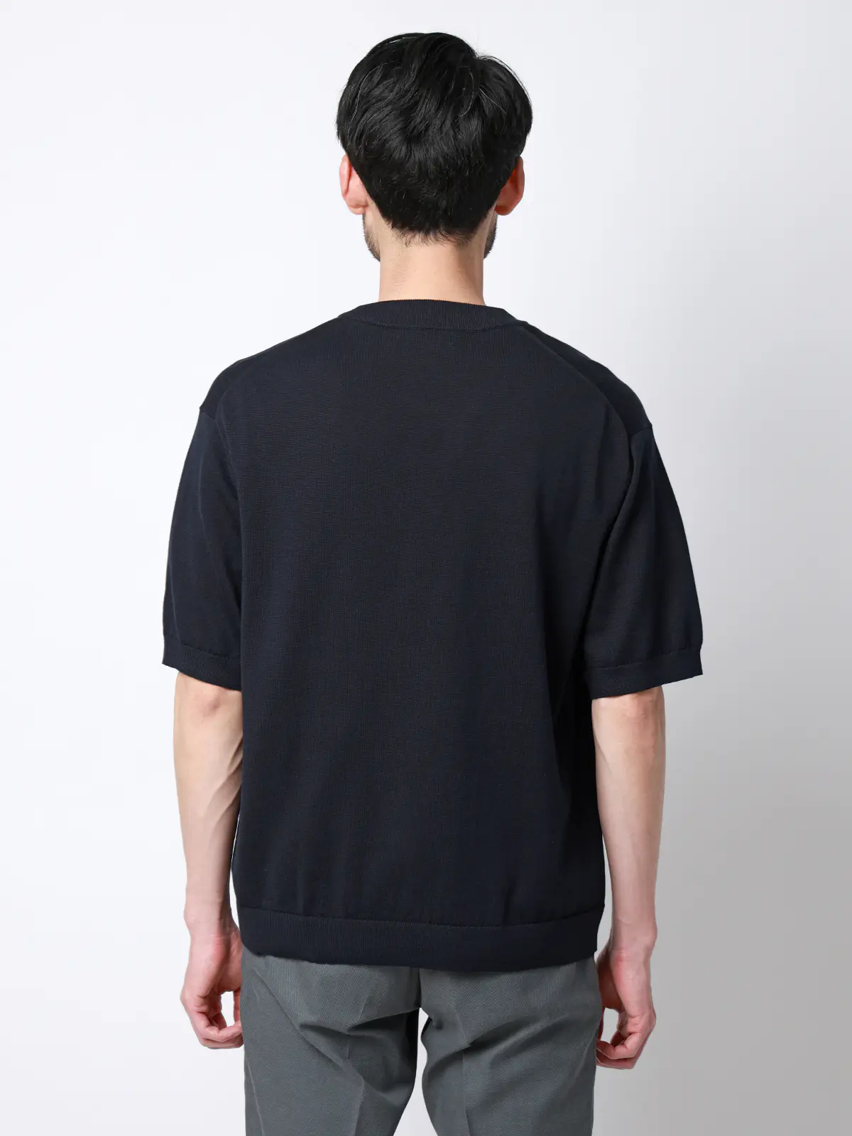 クルーネックニット／半袖／ウォッシャブル／強撚コットンアクリル天竺／無地 ネイビー S