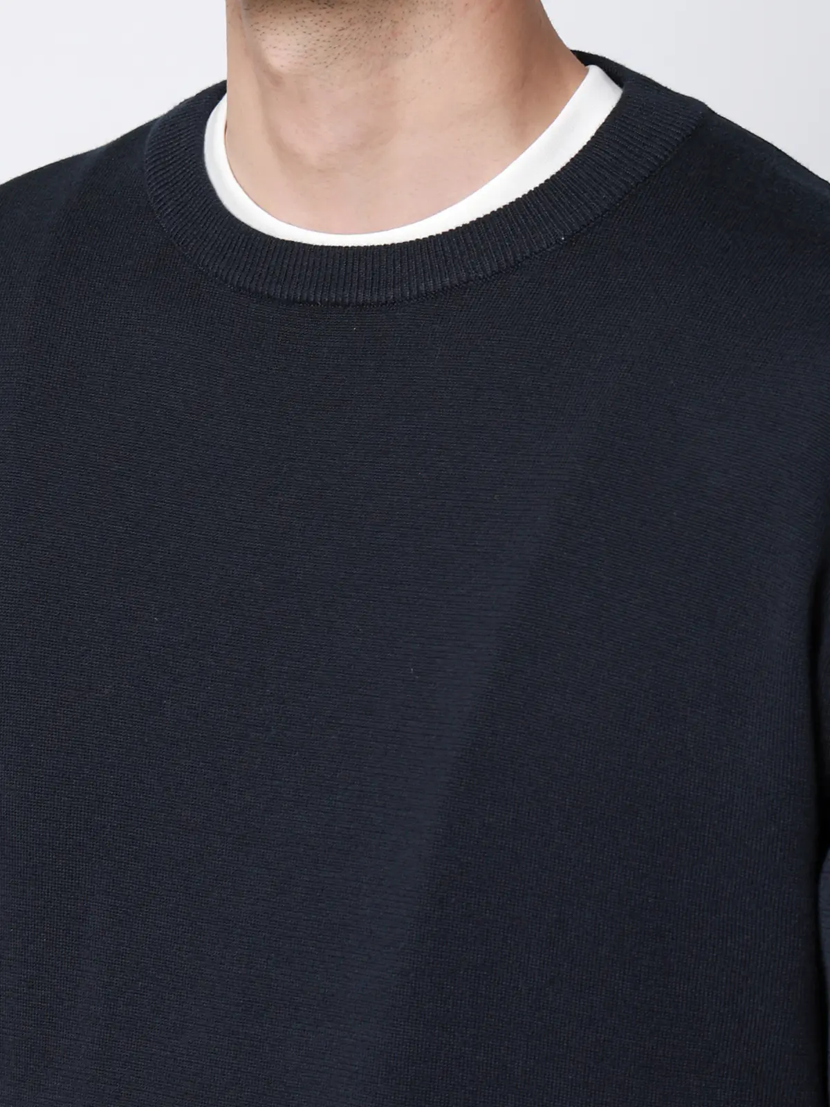 クルーネックニット／半袖／ウォッシャブル／強撚コットンアクリル天竺／無地 ネイビー S