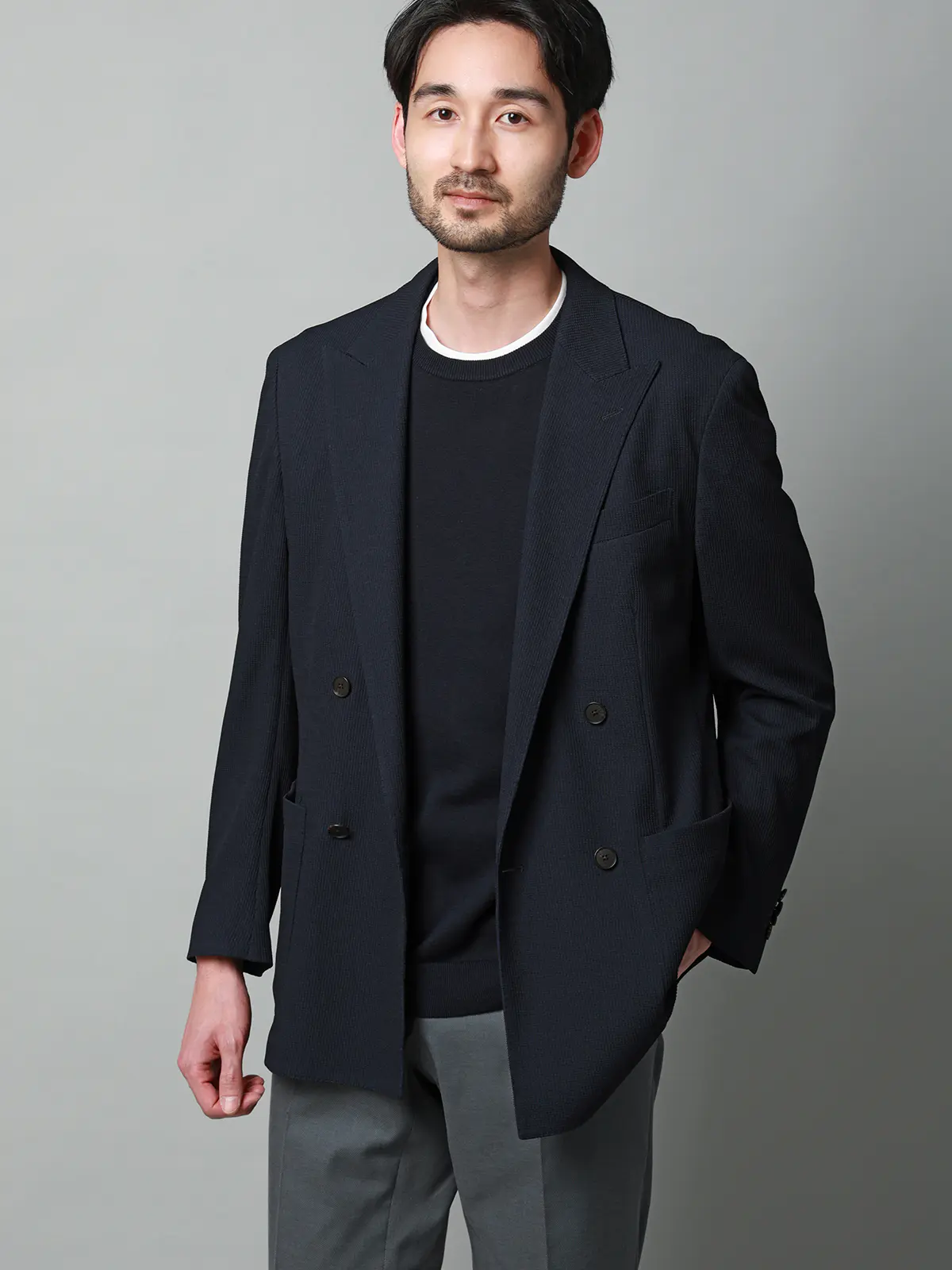 クルーネックニット／半袖／ウォッシャブル／強撚コットンアクリル天竺／無地 ネイビー S