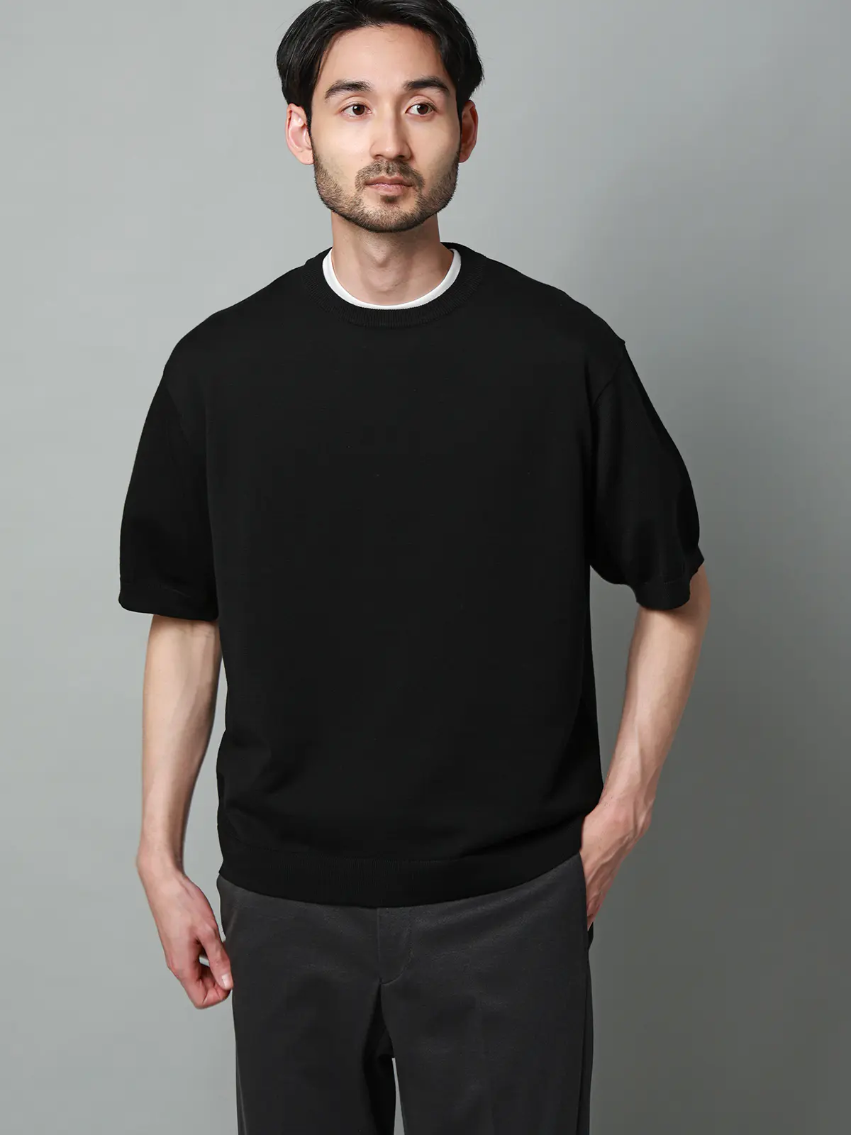 クルーネックニット／半袖／ウォッシャブル／強撚コットンアクリル天竺／無地 ブラック S