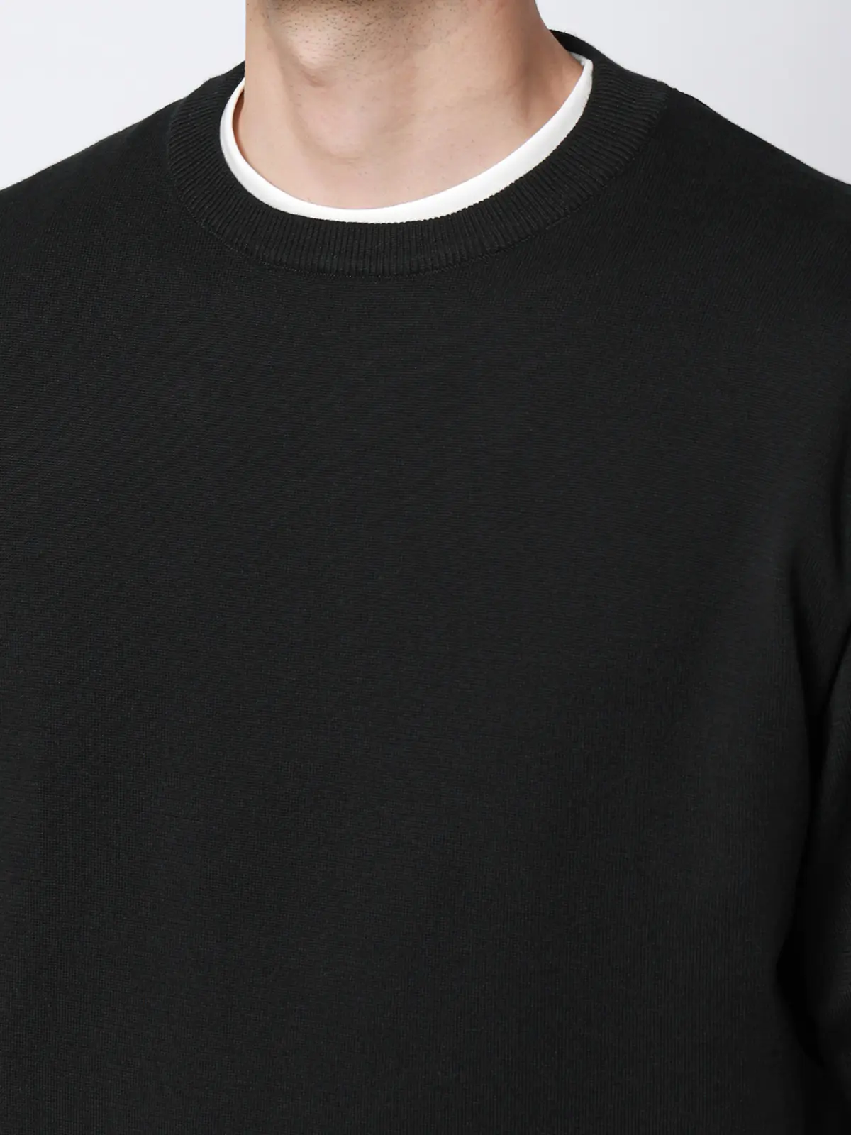 クルーネックニット／半袖／ウォッシャブル／強撚コットンアクリル天竺／無地 ブラック S