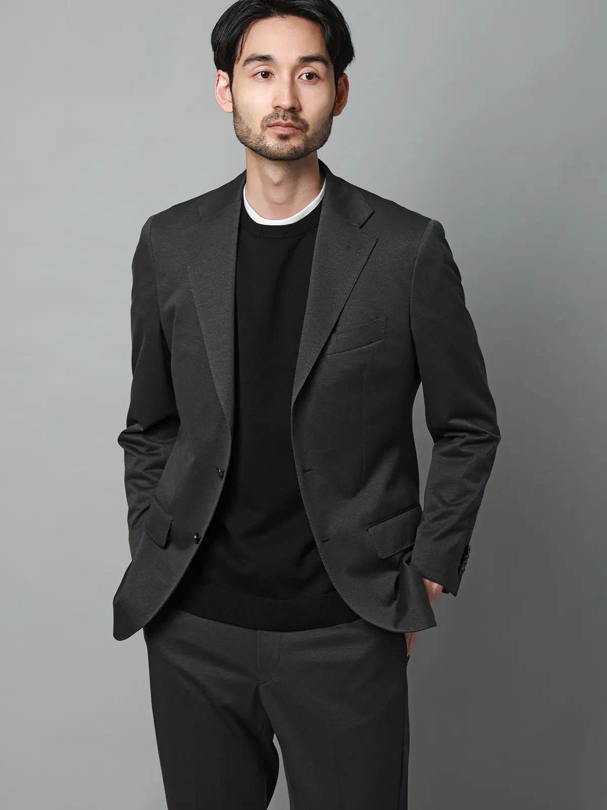 クルーネックニット／半袖／ウォッシャブル／強撚コットンアクリル天竺／無地 ブラック S