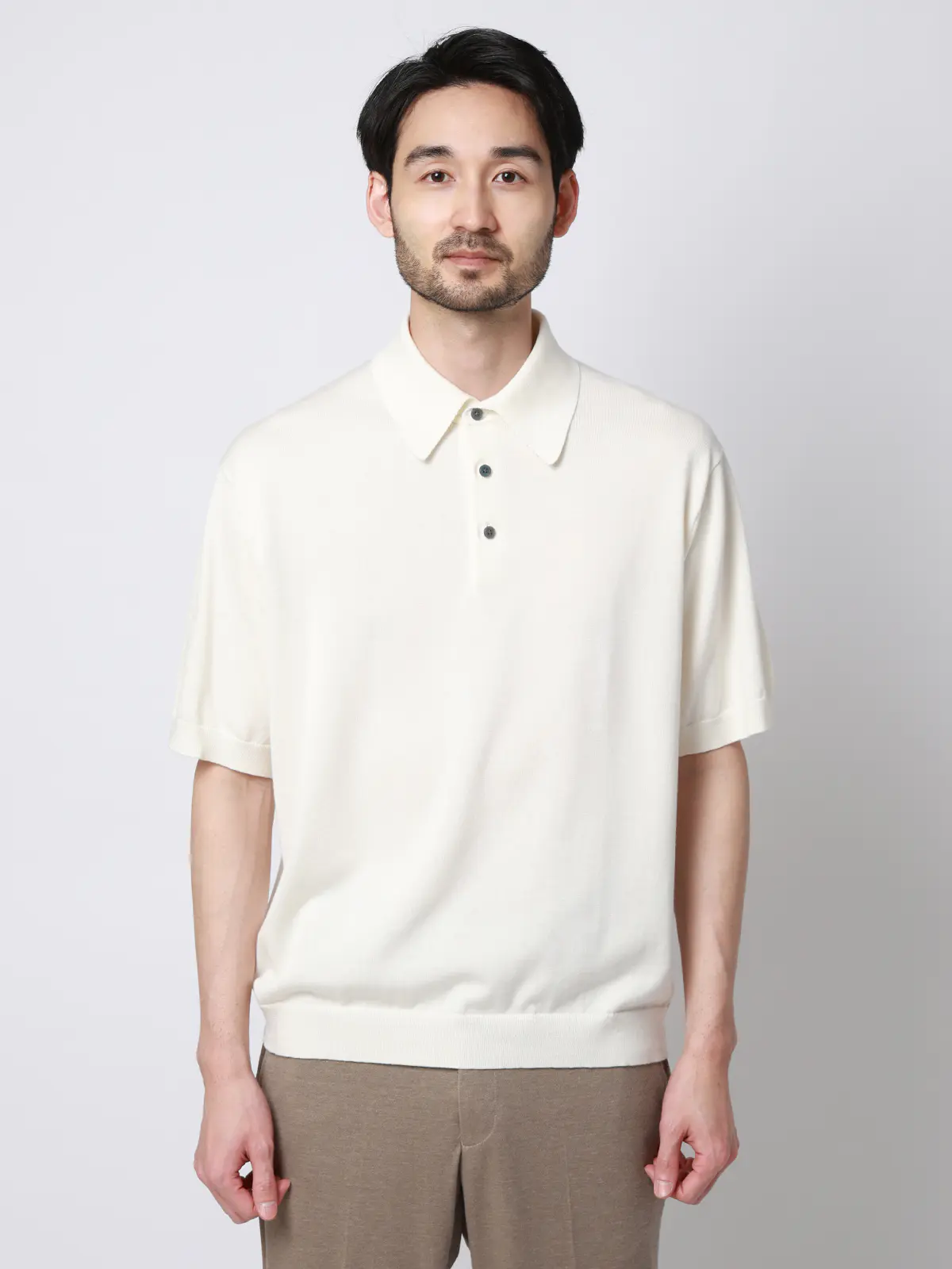 ニットポロシャツ／半袖／ウォッシャブル／強撚コットンアクリル天竺／無地 ホワイト S