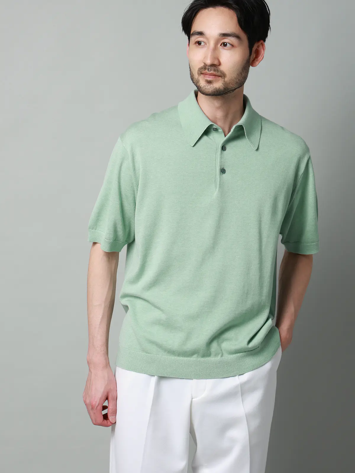 ニットポロシャツ／半袖／ウォッシャブル／強撚コットンアクリル天竺／無地 ミント S