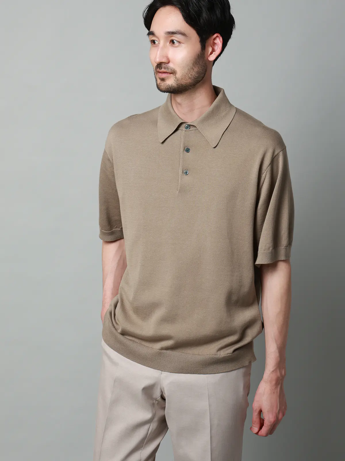 ニットポロシャツ／半袖／ウォッシャブル／強撚コットンアクリル天竺／無地 ベージュ S