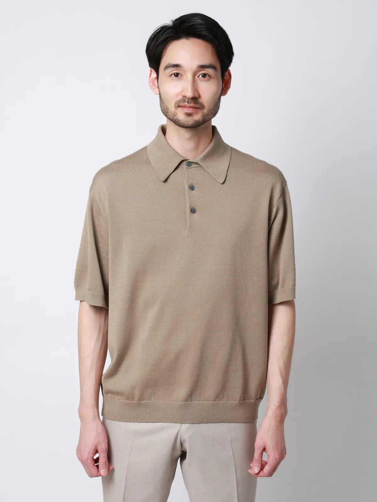 ニットポロシャツ／半袖／ウォッシャブル／強撚コットンアクリル天竺／無地 ベージュ S