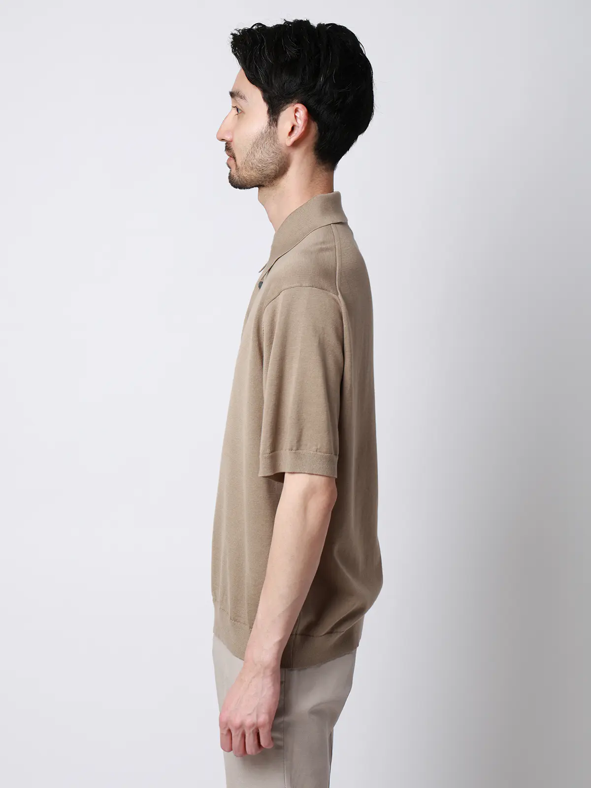 ニットポロシャツ／半袖／ウォッシャブル／強撚コットンアクリル天竺／無地 ベージュ S