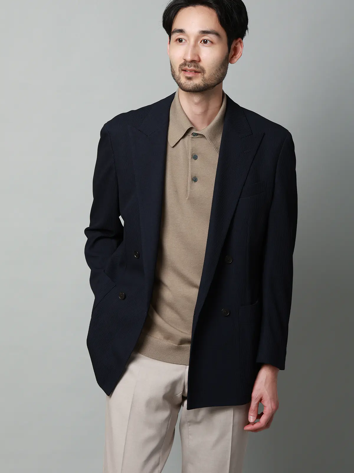 ニットポロシャツ／半袖／ウォッシャブル／強撚コットンアクリル天竺／無地 ベージュ S