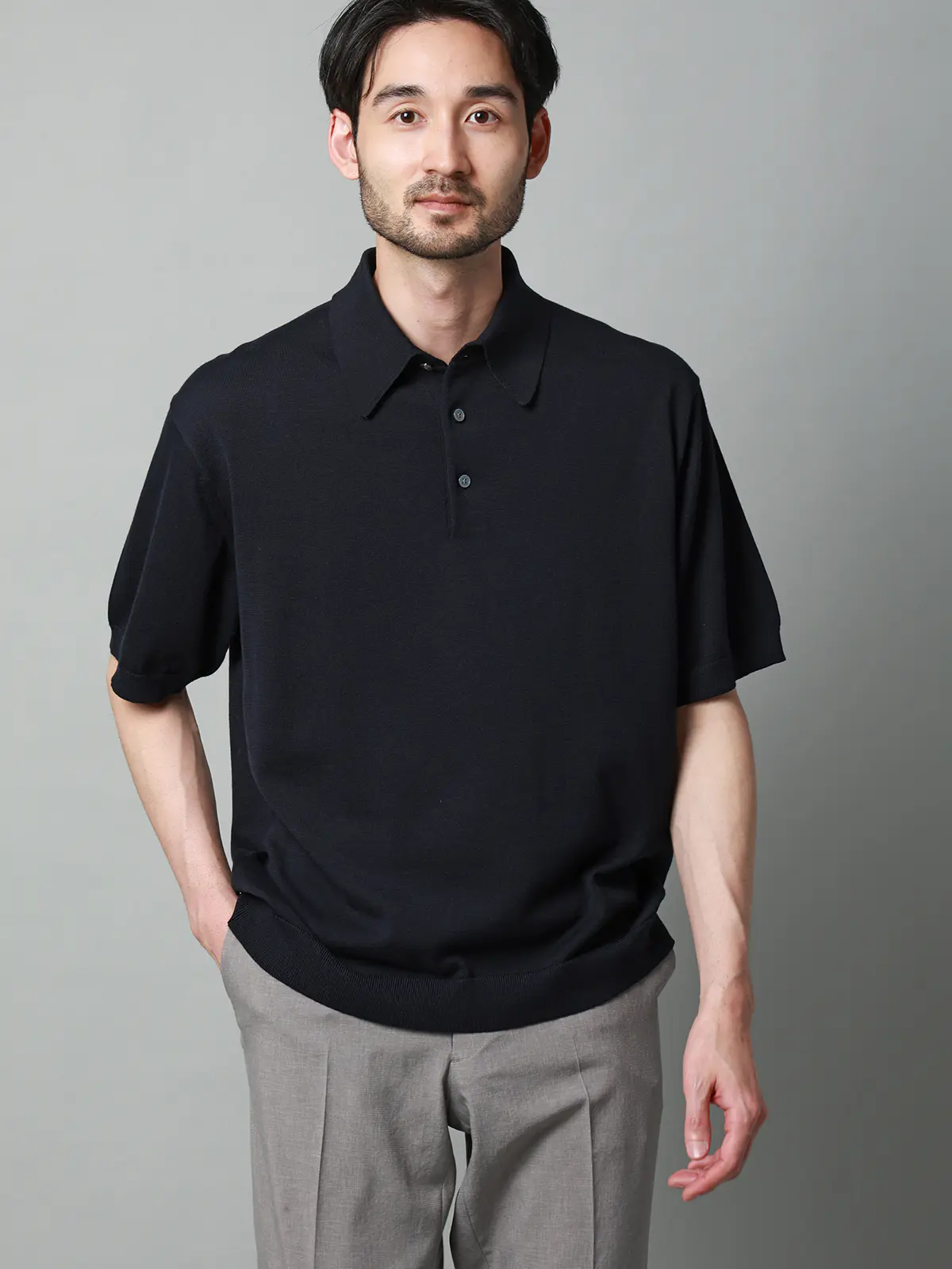 ニットポロシャツ／半袖／ウォッシャブル／強撚コットンアクリル天竺／無地 ネイビー S